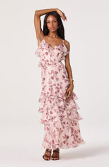 Emiliana V-Neck Ruffle Satin Maxi Dress