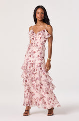 Emiliana V-Neck Ruffle Satin Maxi Dress