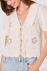 Eider Embroidered Cutwork Tie-Front Top