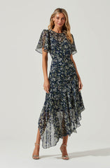 Flutter Sleeve Floral Asymmetric Maxi Dress