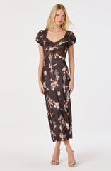 Almandina Puff Sleeve Satin Midi Dress