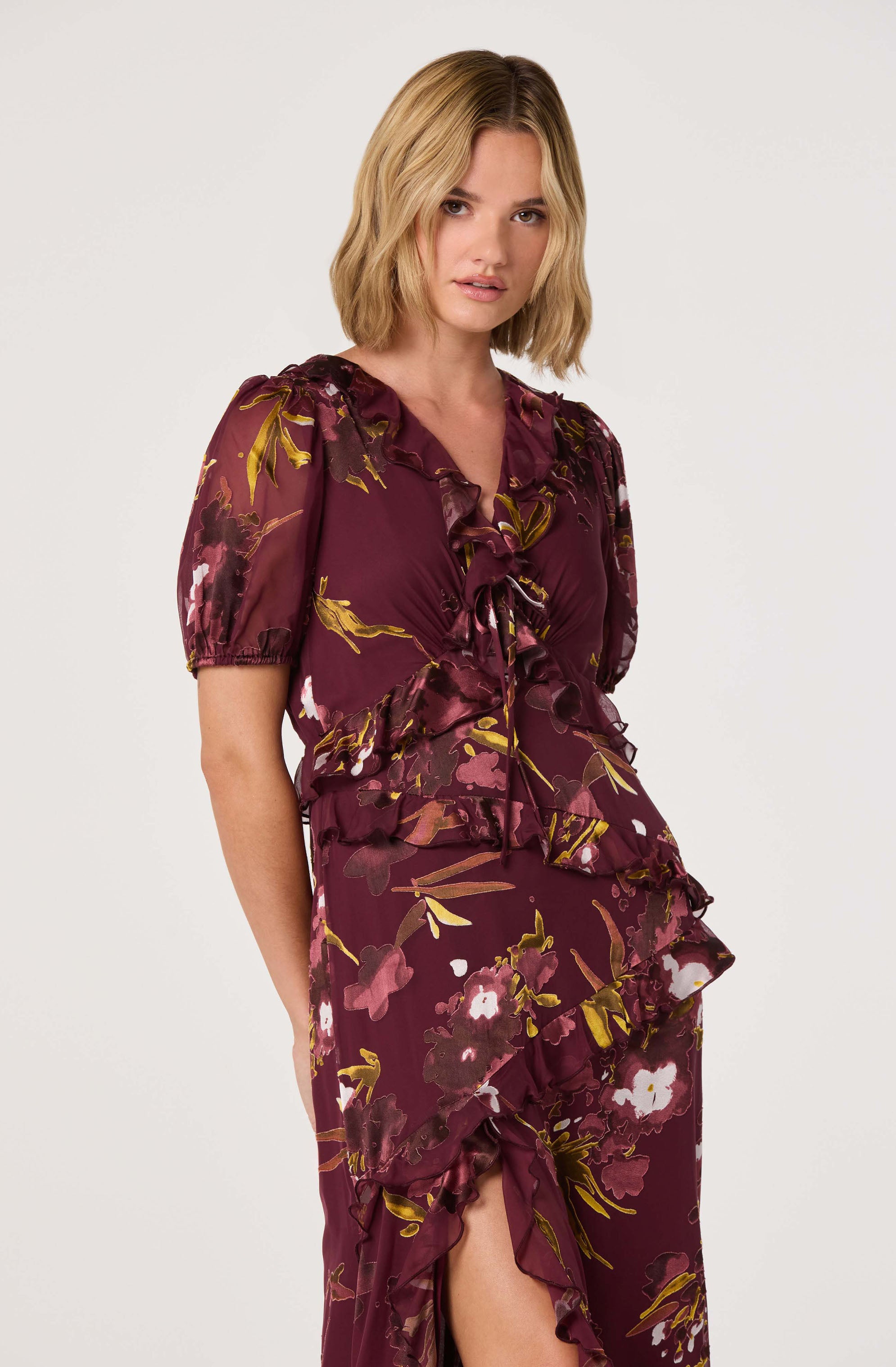 Bennet Floral Ruffle Trim Midi Dress
