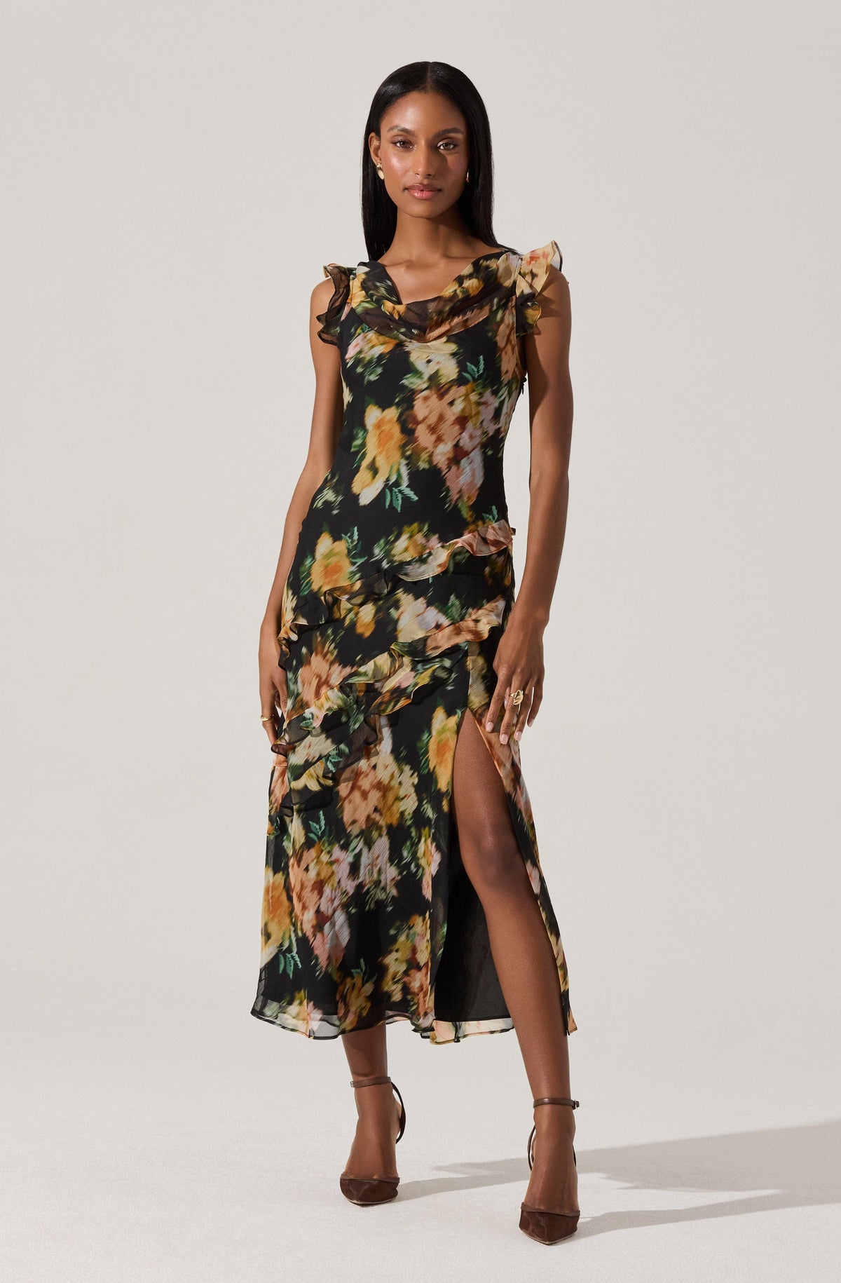 Alinta Floral Ruffle Cowl Neck Midi Dress