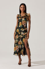 Alinta Floral Ruffle Cowl Neck Midi Dress