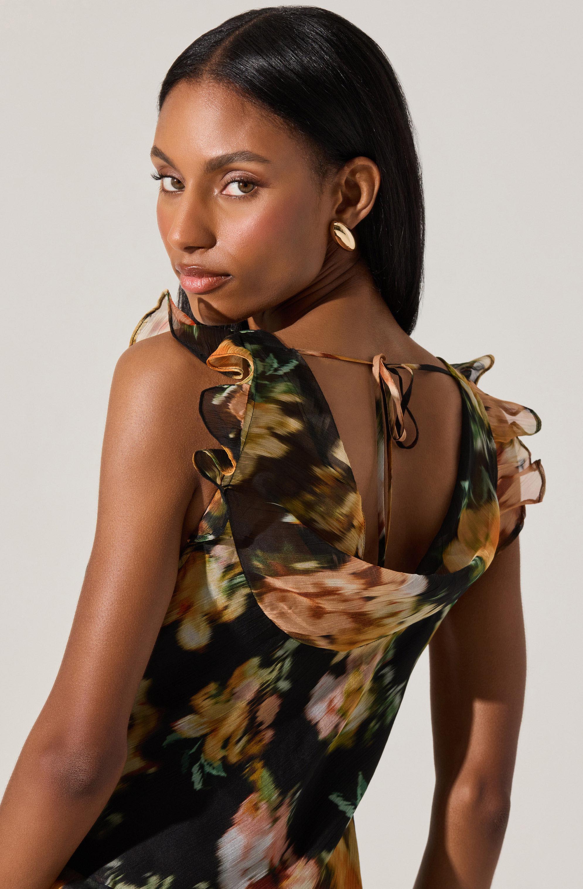 Alinta Floral Ruffle Cowl Neck Midi Dress