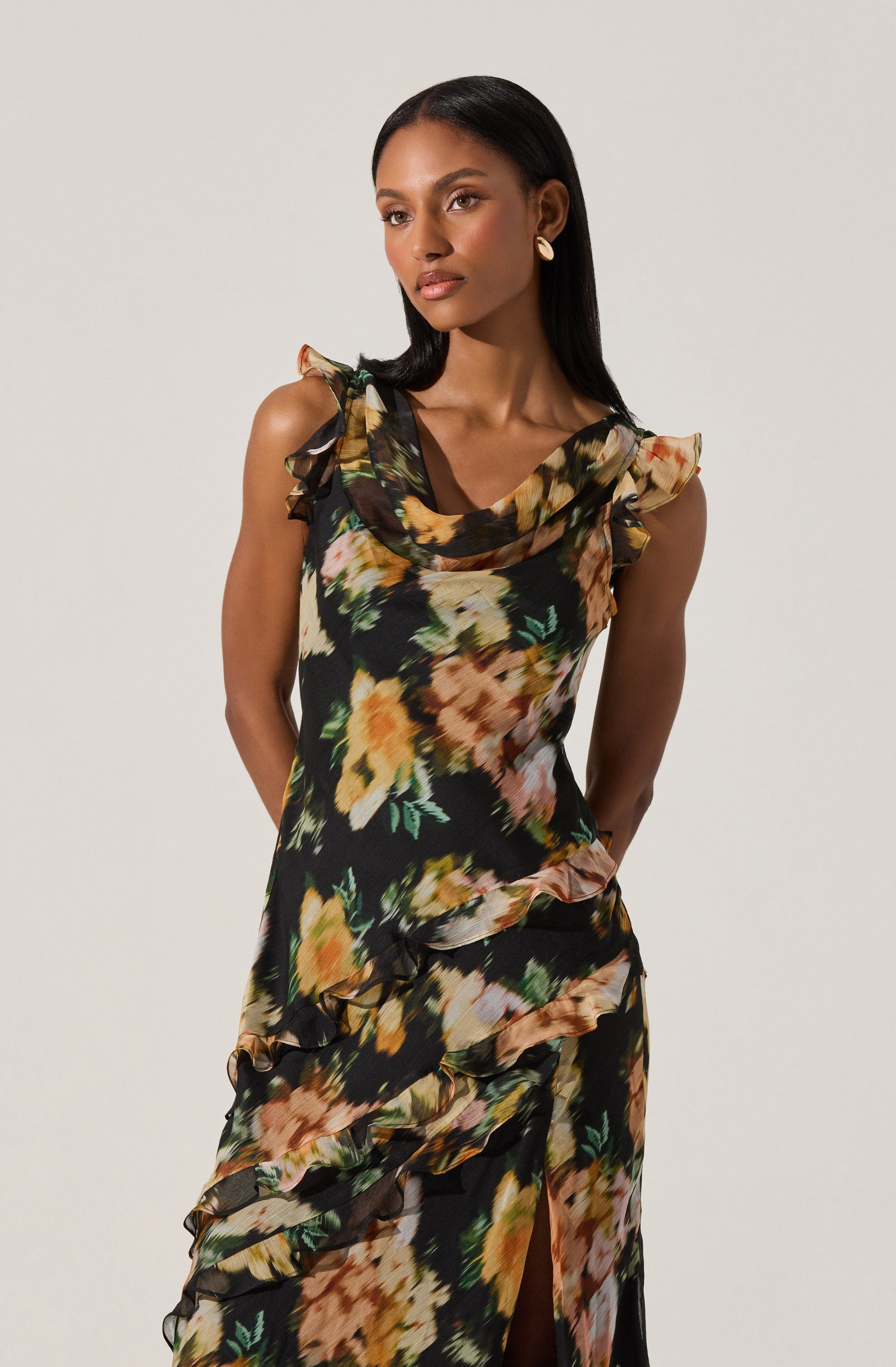 Alinta Floral Ruffle Cowl Neck Midi Dress