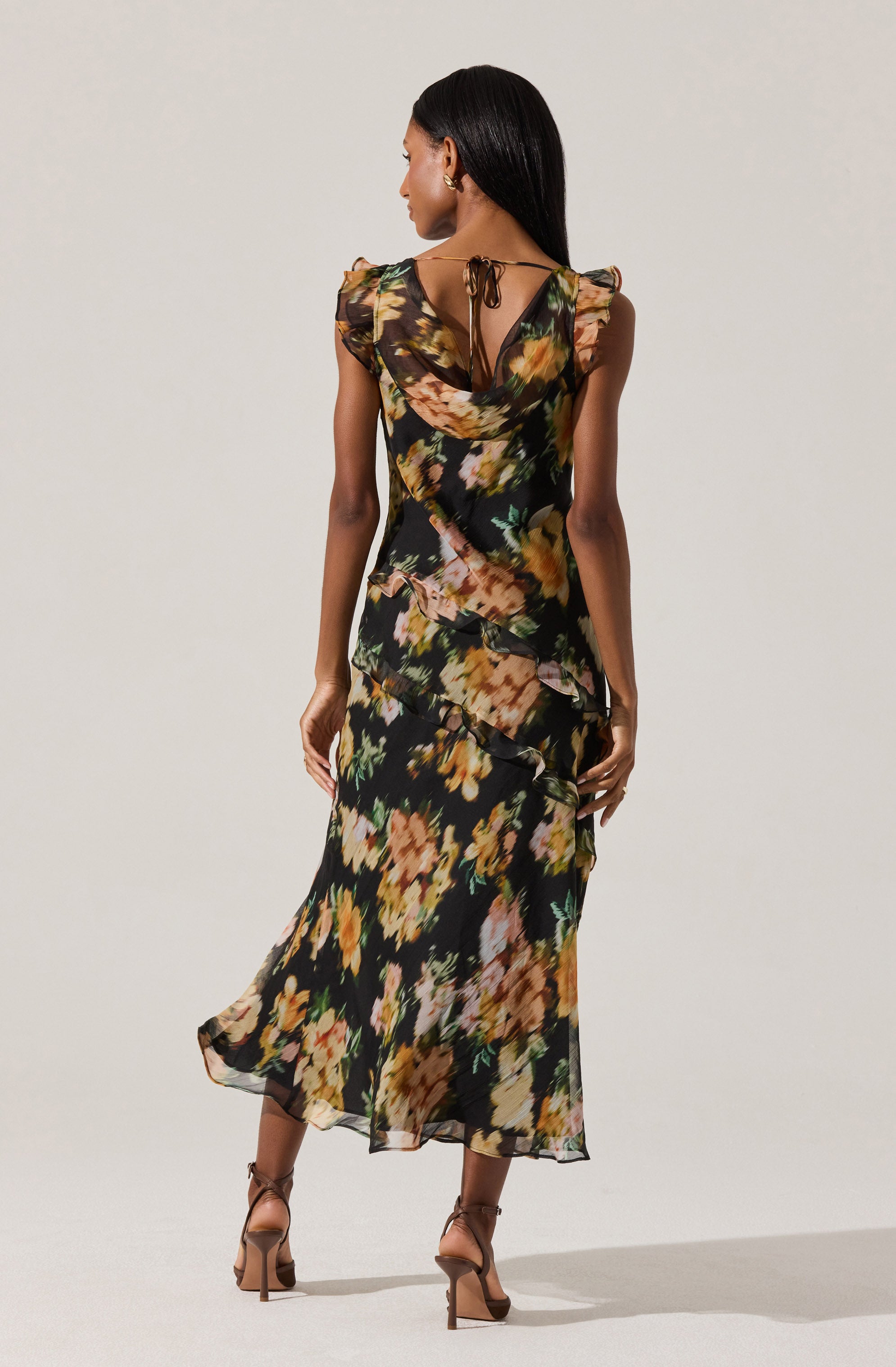 Alinta Floral Ruffle Cowl Neck Midi Dress