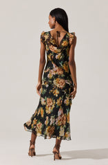 Alinta Floral Ruffle Cowl Neck Midi Dress
