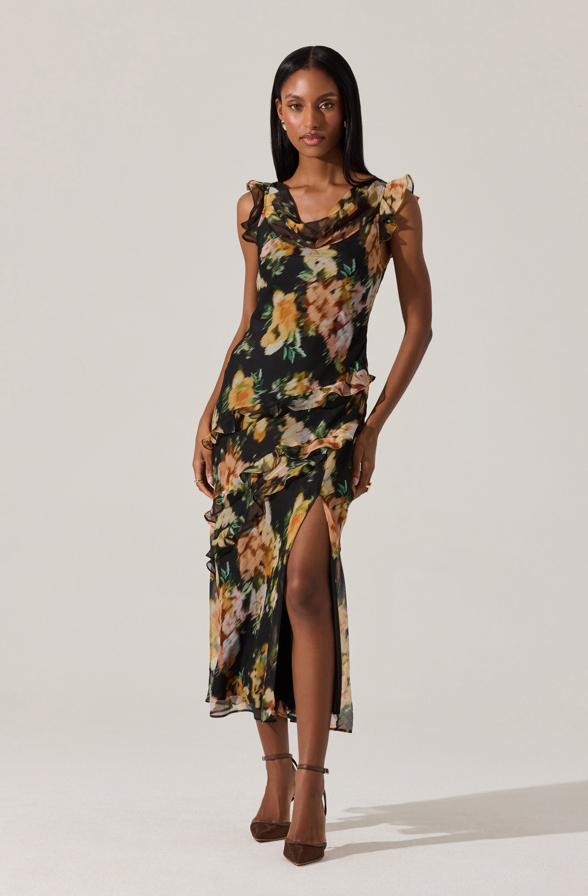 Alinta Floral Ruffle Cowl Neck Midi Dress