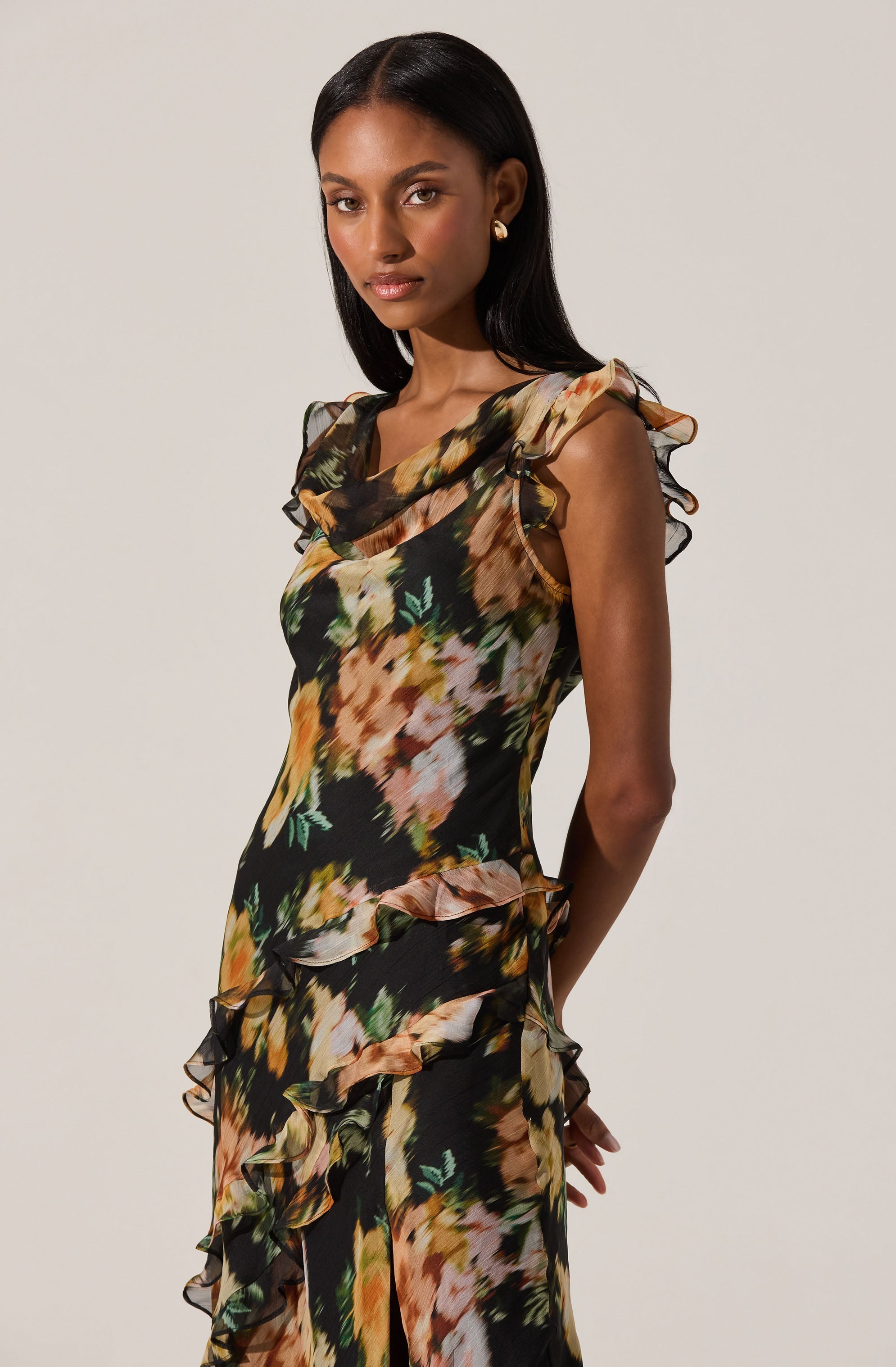 Alinta Floral Ruffle Cowl Neck Midi Dress