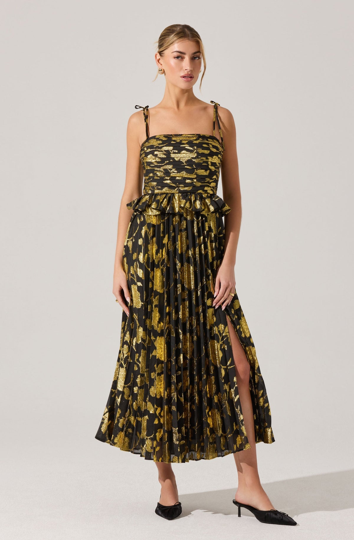 Emerys Pleated Metallic Floral Maxi Dress