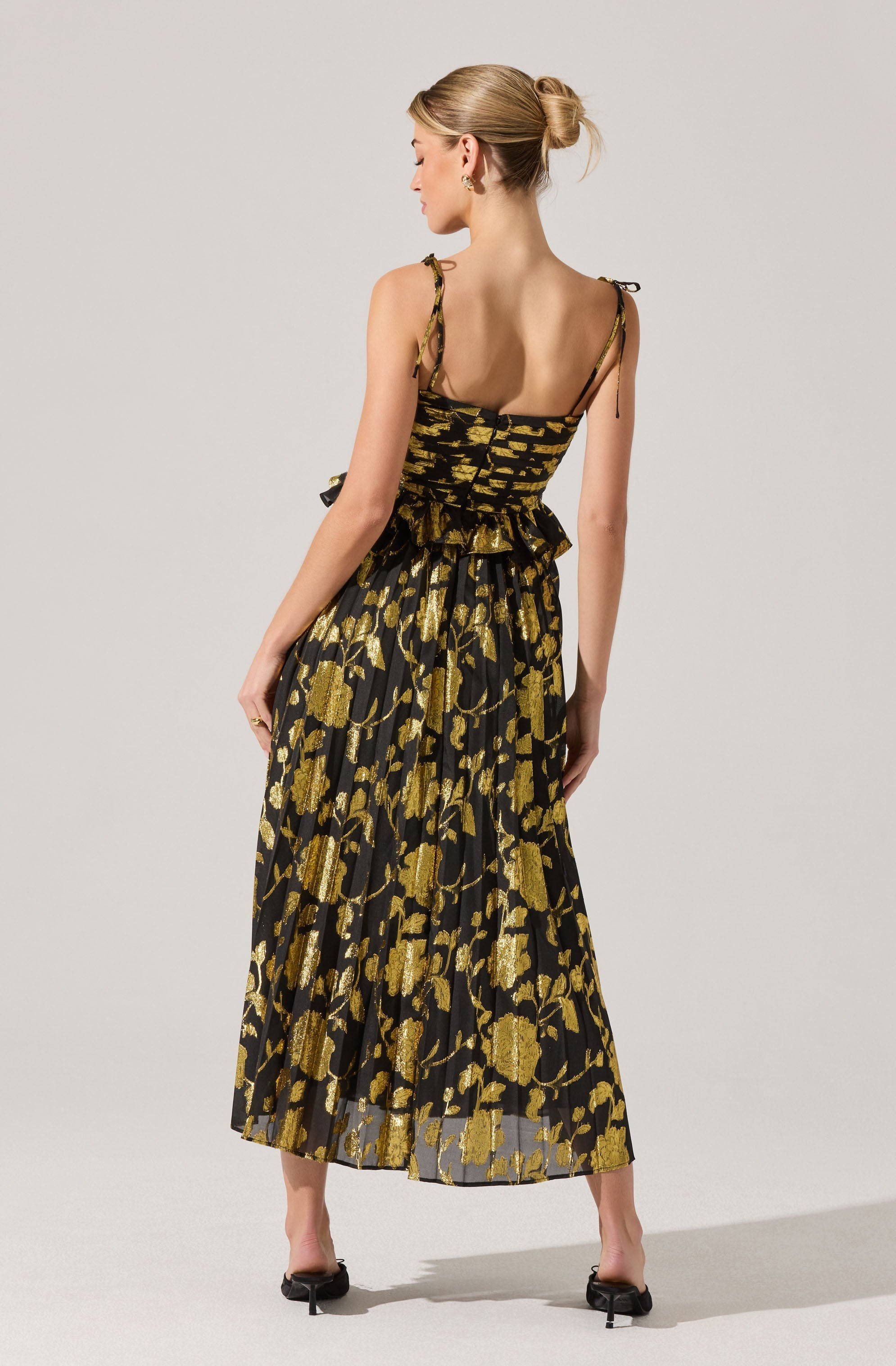 Emerys Pleated Metallic Floral Maxi Dress