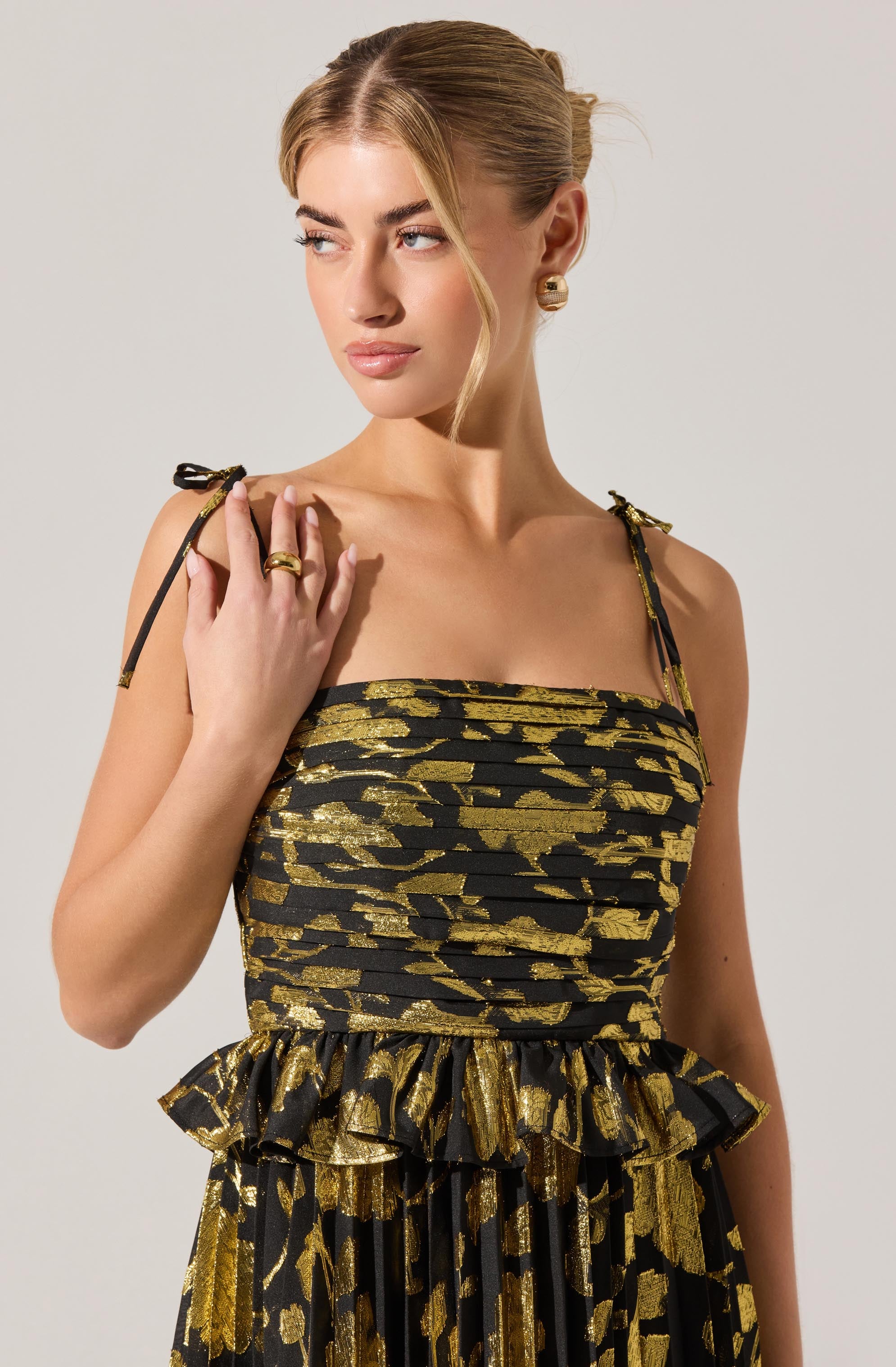 Emerys Pleated Metallic Floral Maxi Dress