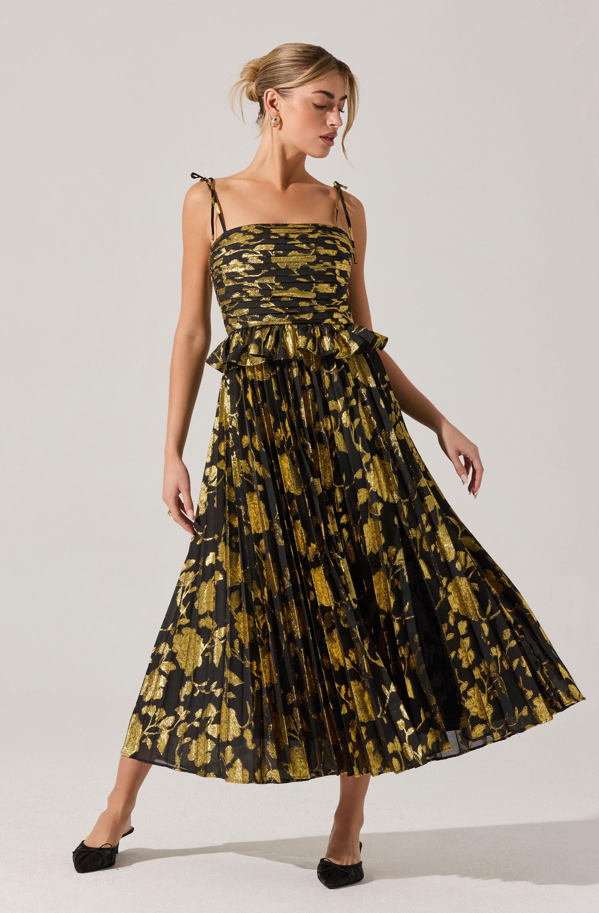 Emerys Pleated Metallic Floral Maxi Dress