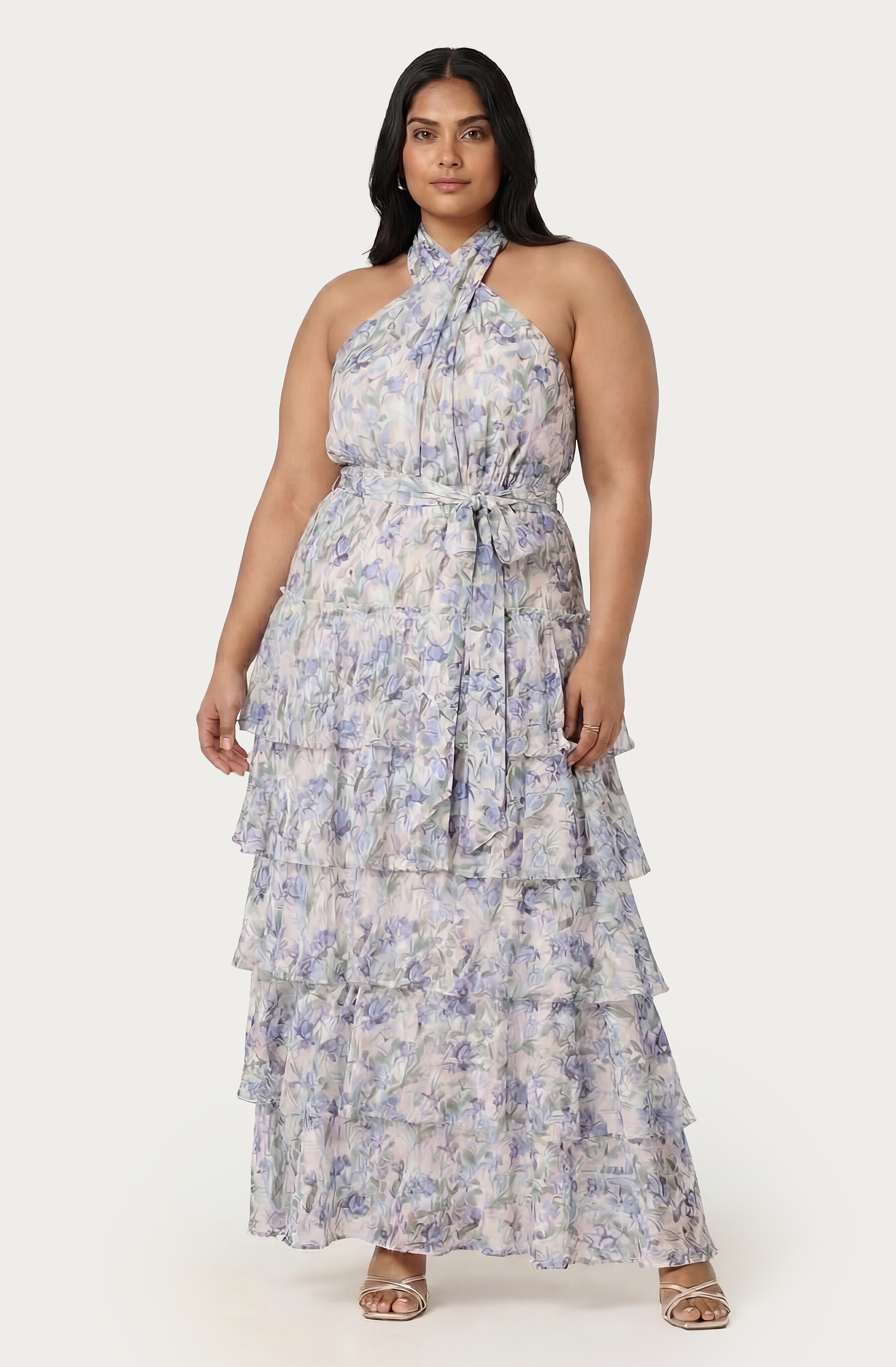 Adamaris Floral Halter Tiered Ruffle Maxi Dress