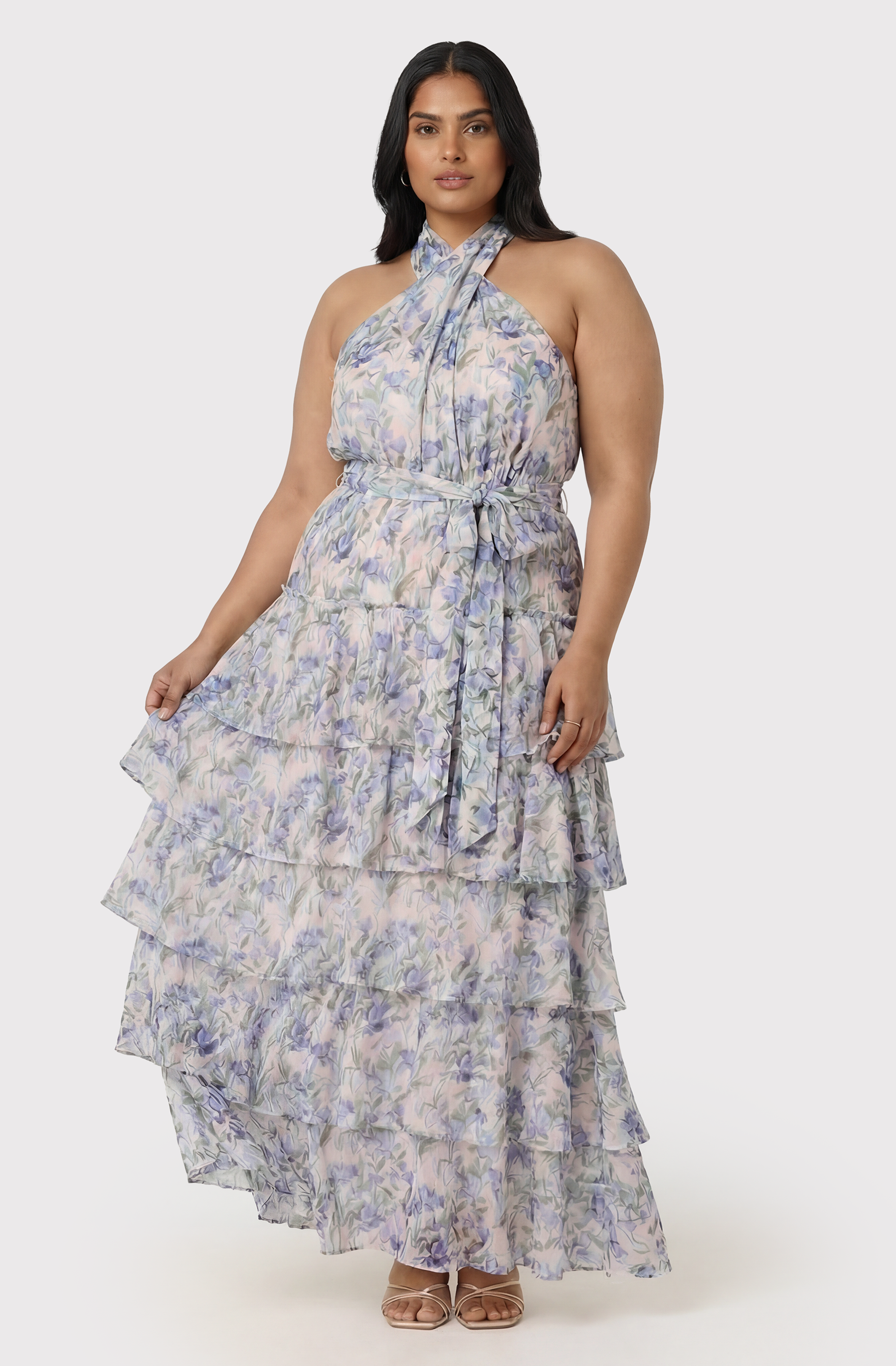 Adamaris Floral Halter Tiered Ruffle Maxi Dress