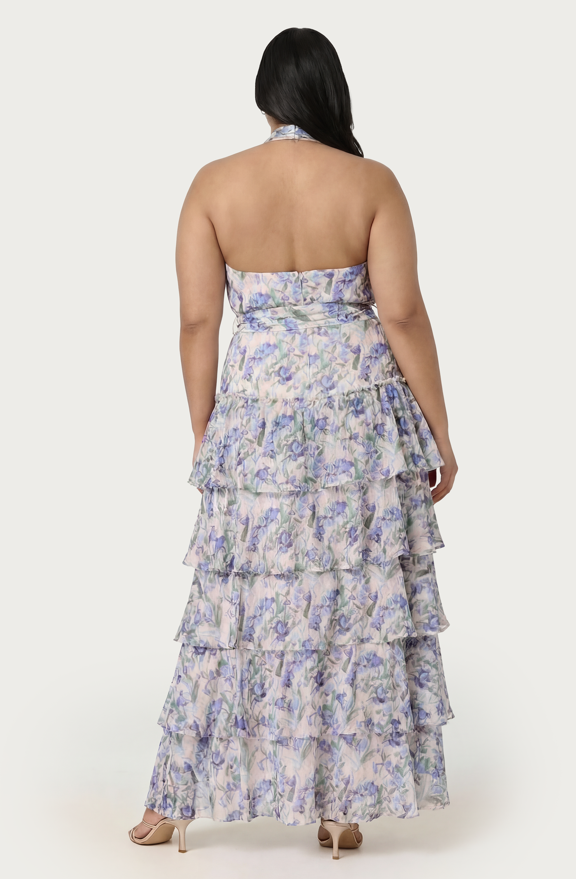 Adamaris Floral Halter Tiered Ruffle Maxi Dress
