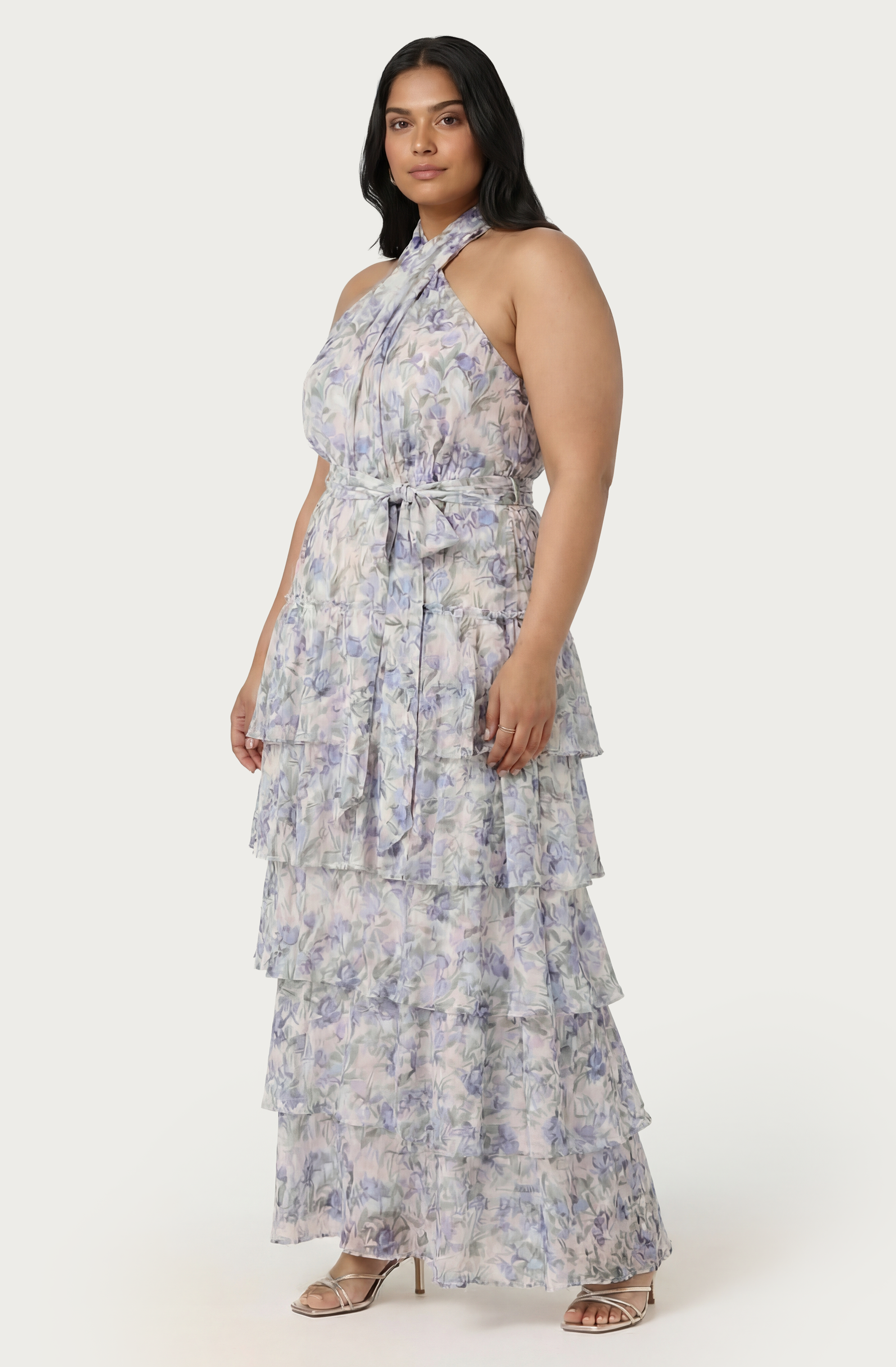 Adamaris Floral Halter Tiered Ruffle Maxi Dress
