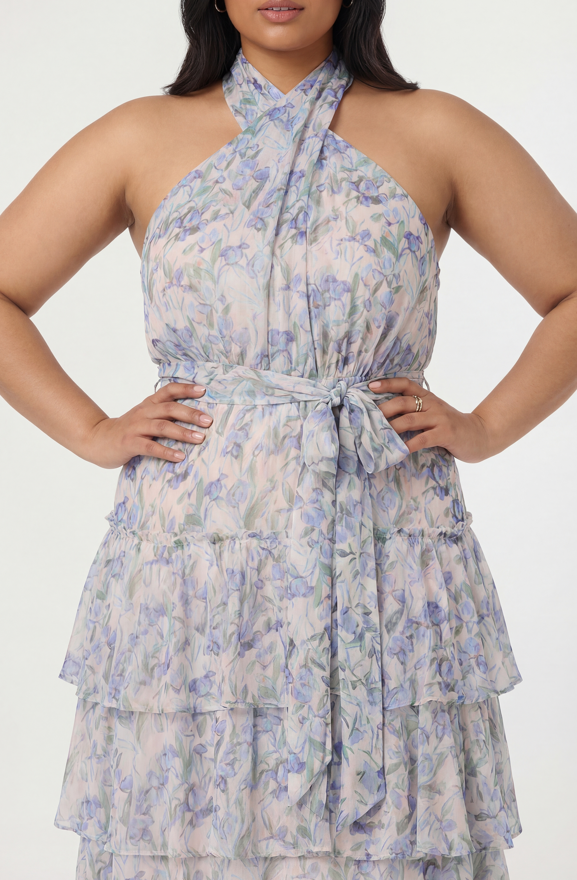 Adamaris Floral Halter Tiered Ruffle Maxi Dress