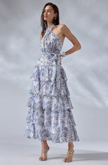 Adamaris Floral Halter Tiered Ruffle Maxi Dress