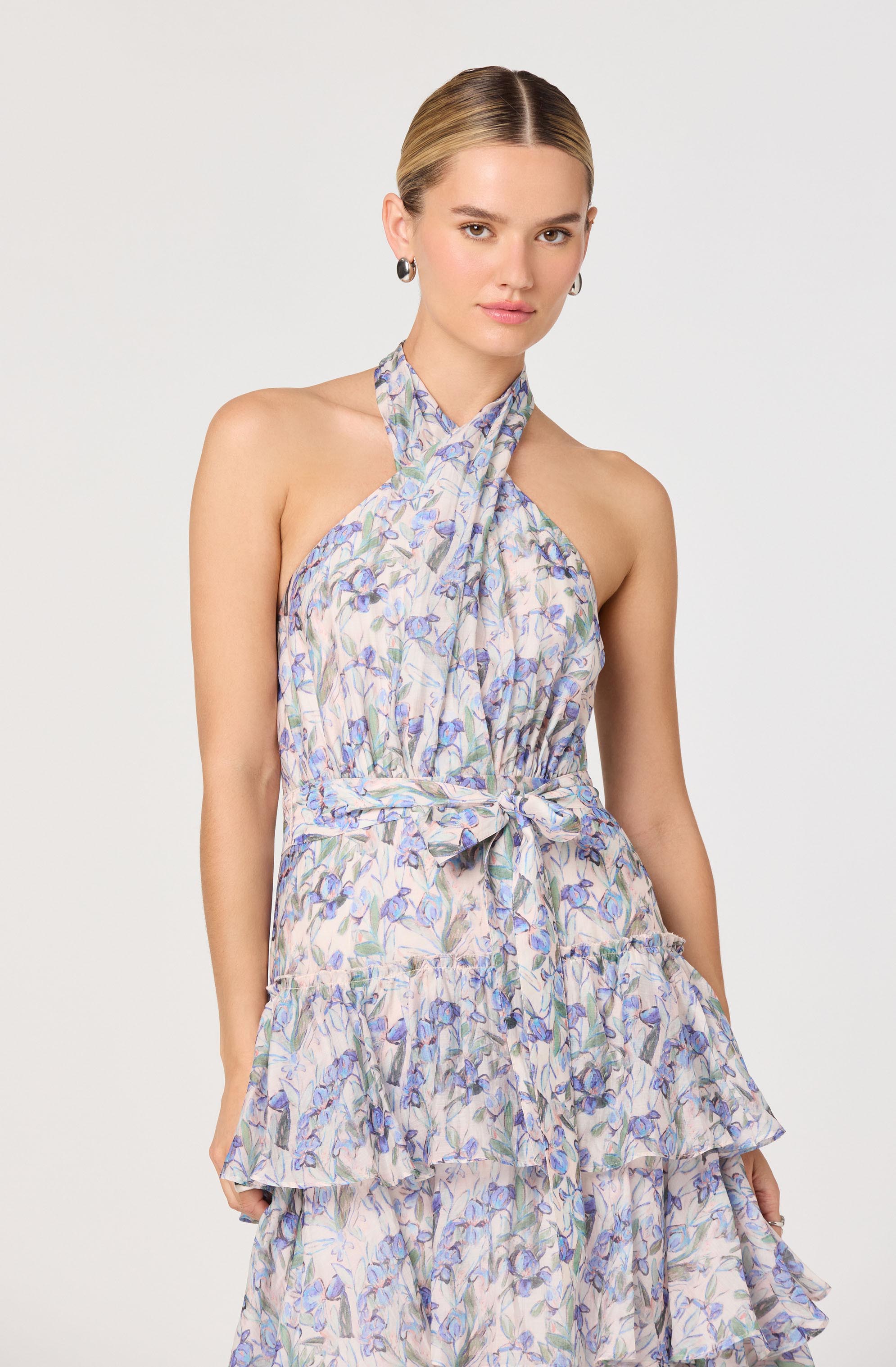 Adamaris Floral Halter Tiered Ruffle Maxi Dress