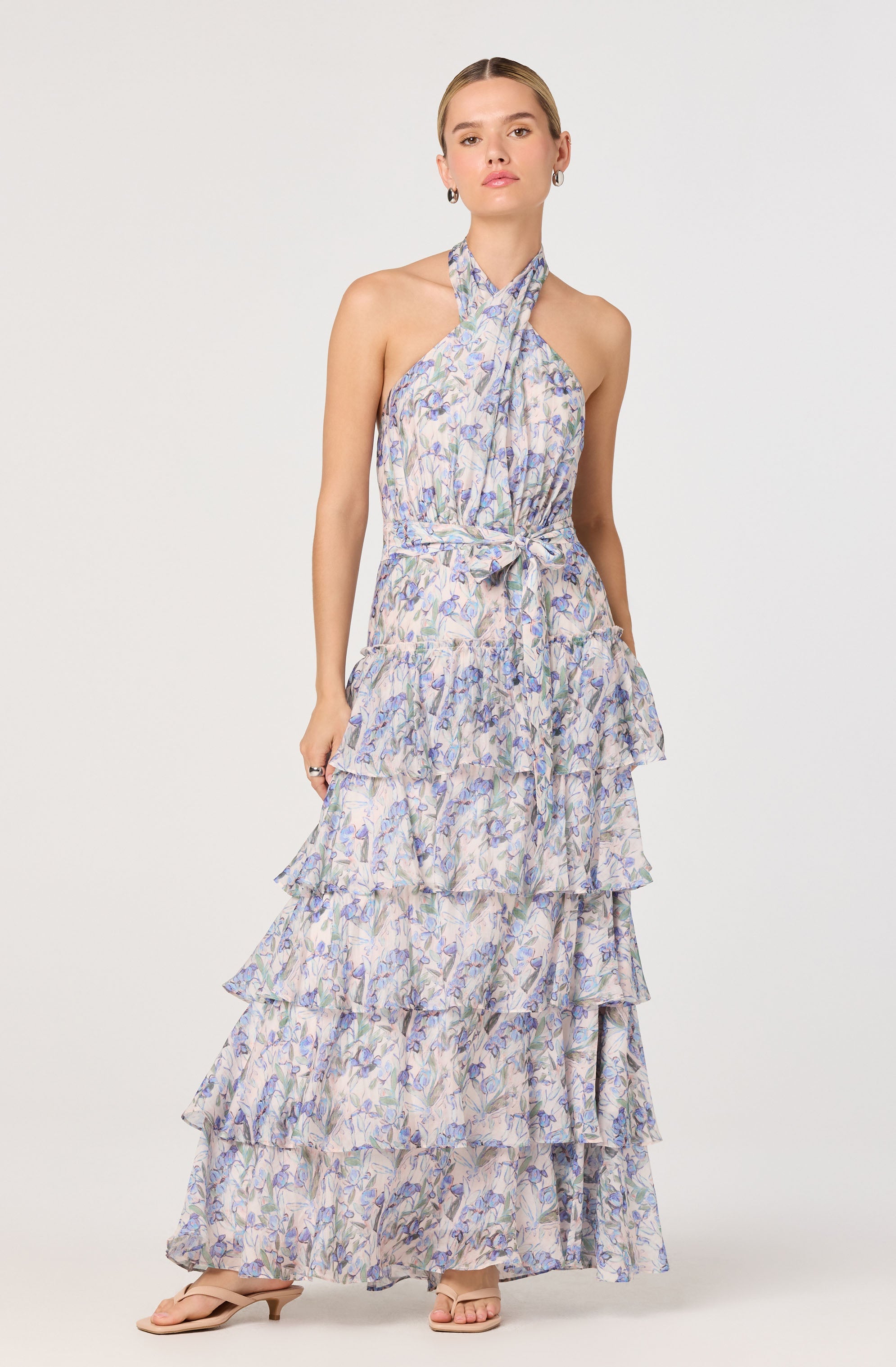 Adamaris Floral Halter Tiered Ruffle Maxi Dress