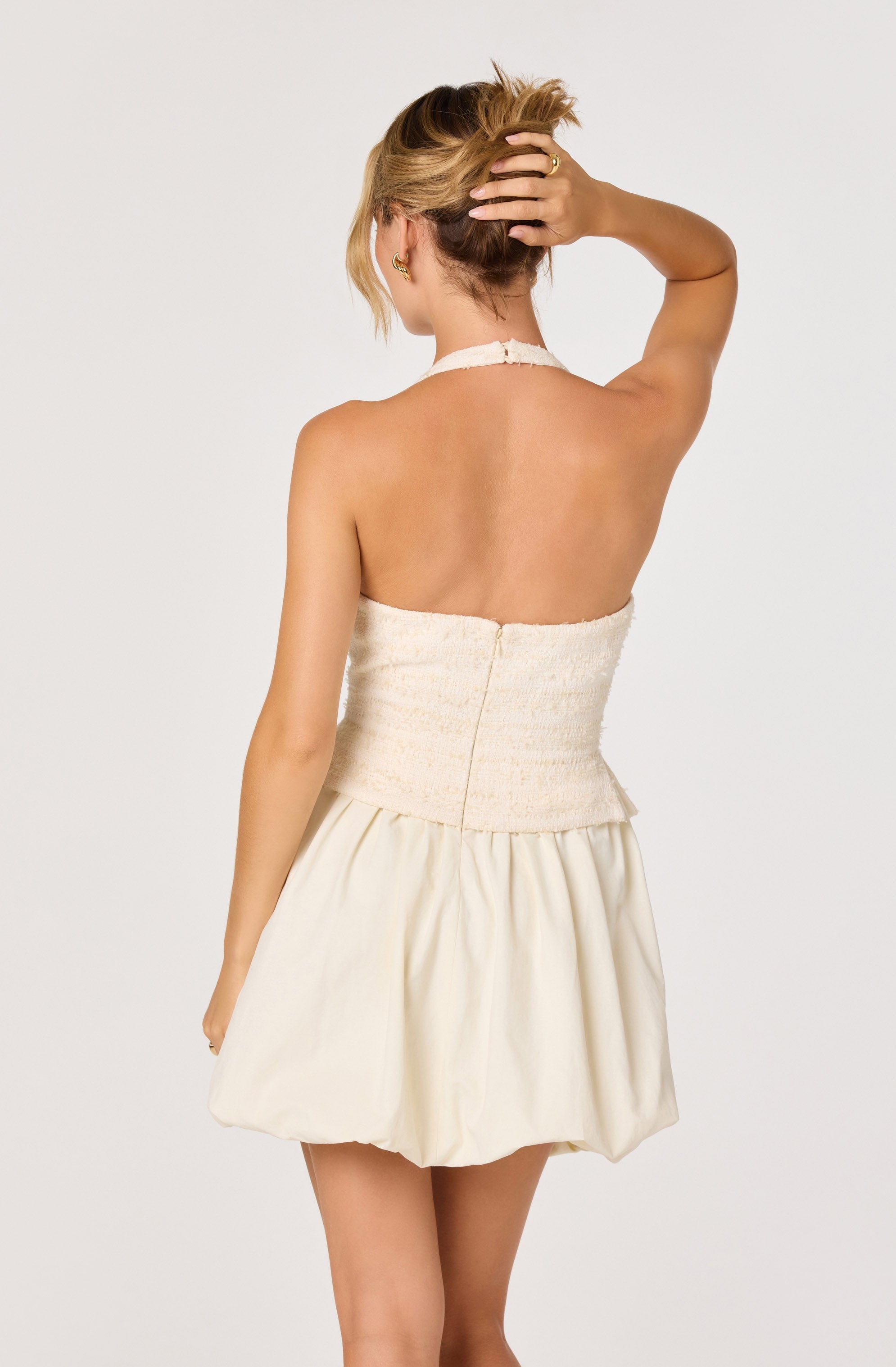 Giavanna Mixed Media Halter Mini Dress