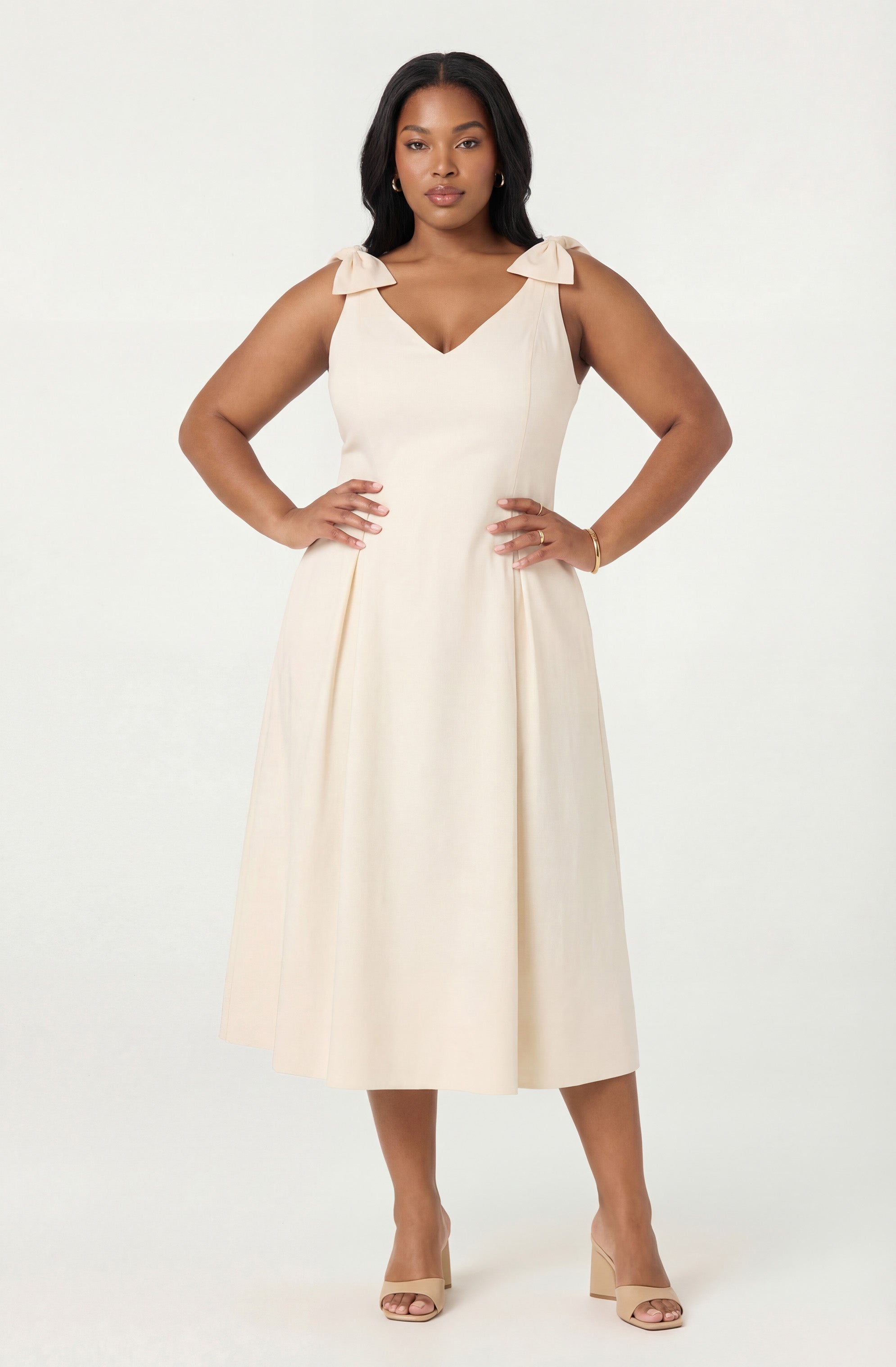 Joleena Linen Bow-Strap Midi Dress