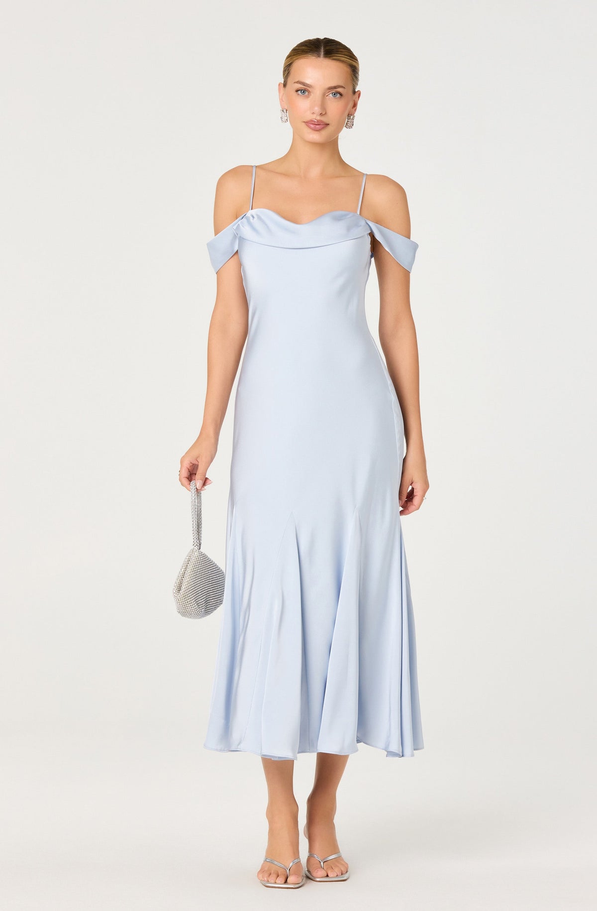 Araxie Satin Off-Shoulder Godet Midi Dress