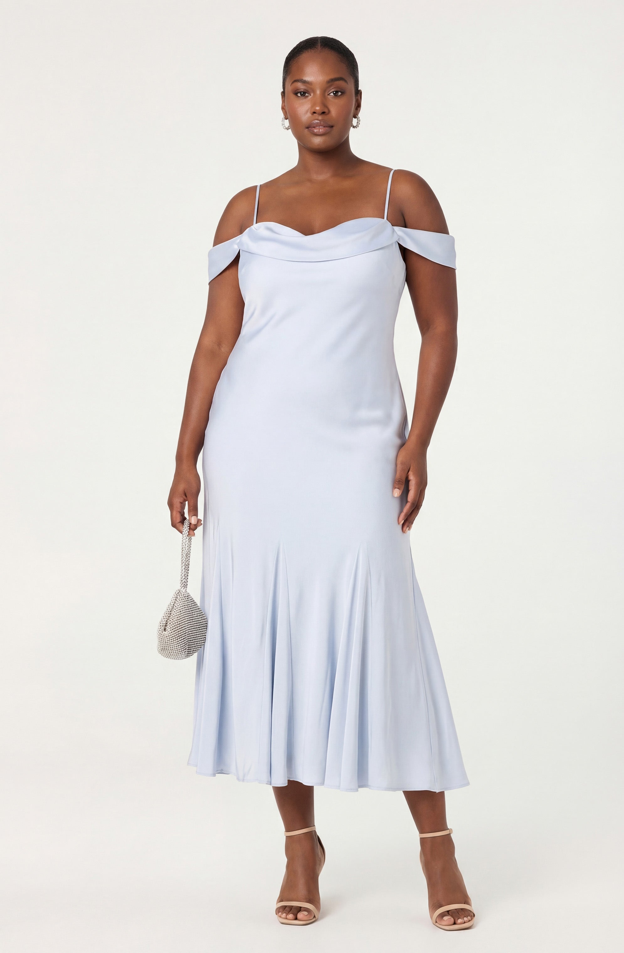 Araxie Satin Off-Shoulder Godet Midi Dress