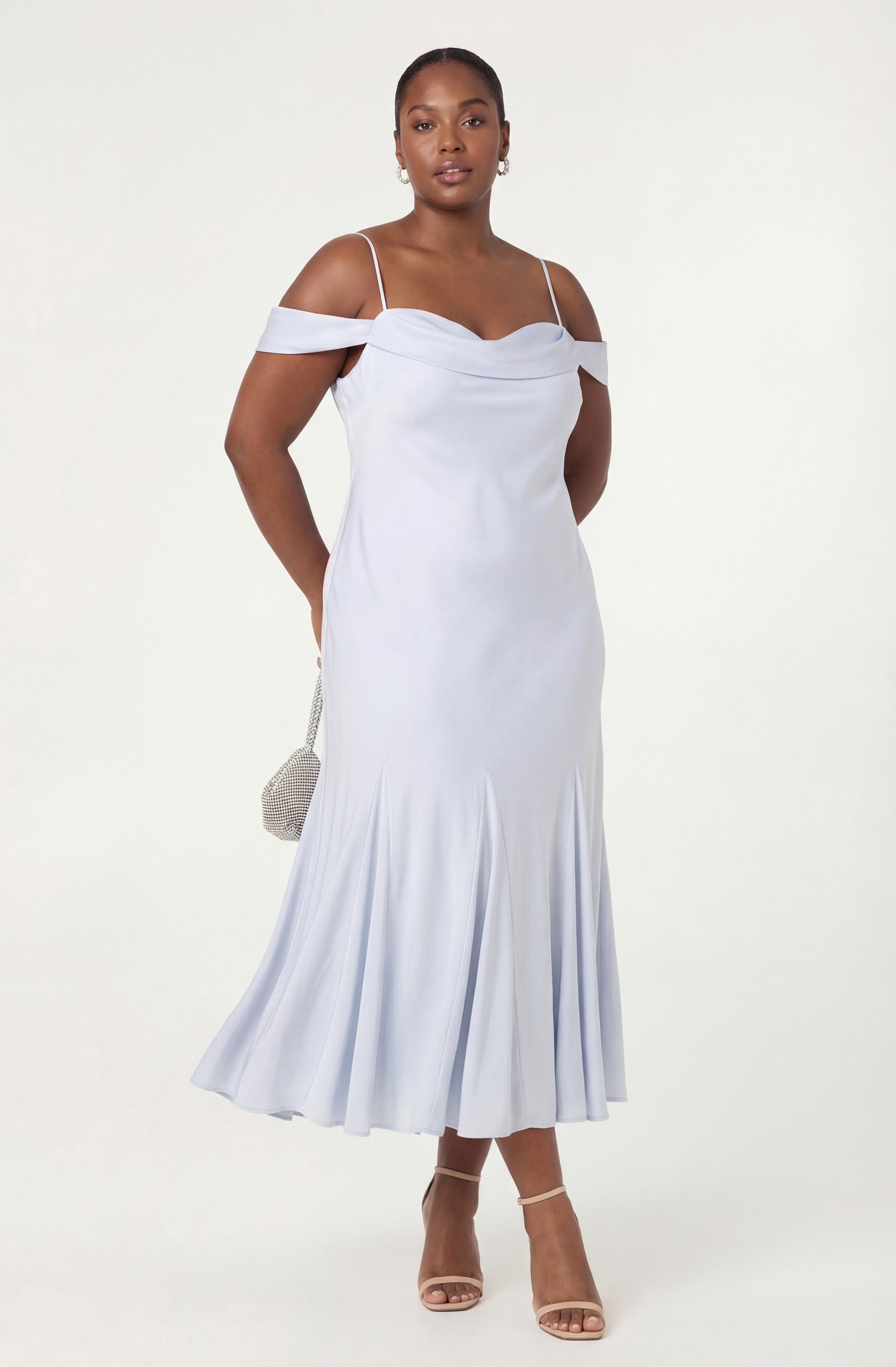Araxie Satin Off-Shoulder Godet Midi Dress