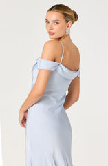 Araxie Satin Off-Shoulder Godet Midi Dress