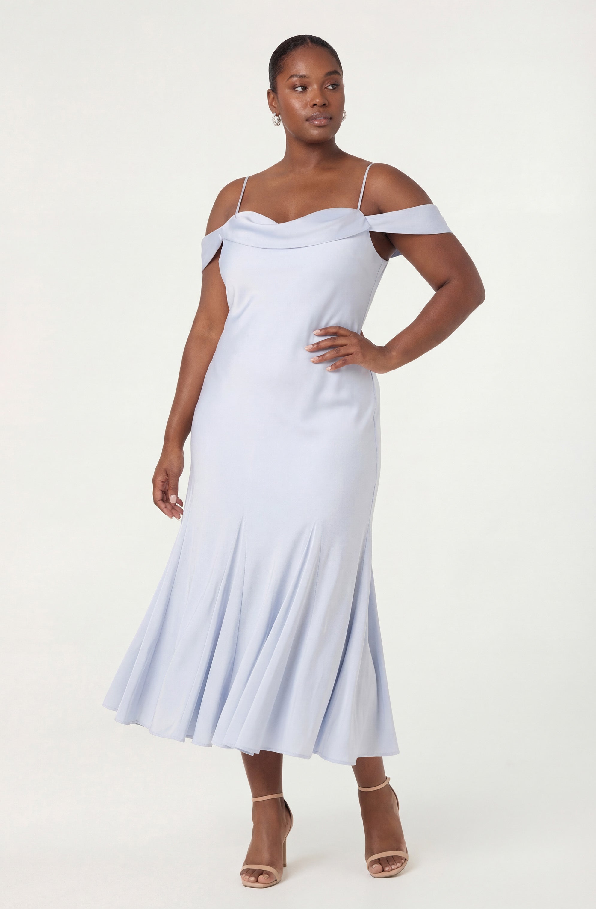 Araxie Satin Off-Shoulder Godet Midi Dress