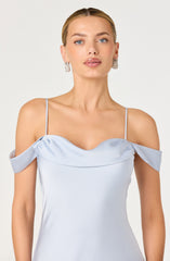 Araxie Satin Off-Shoulder Godet Midi Dress
