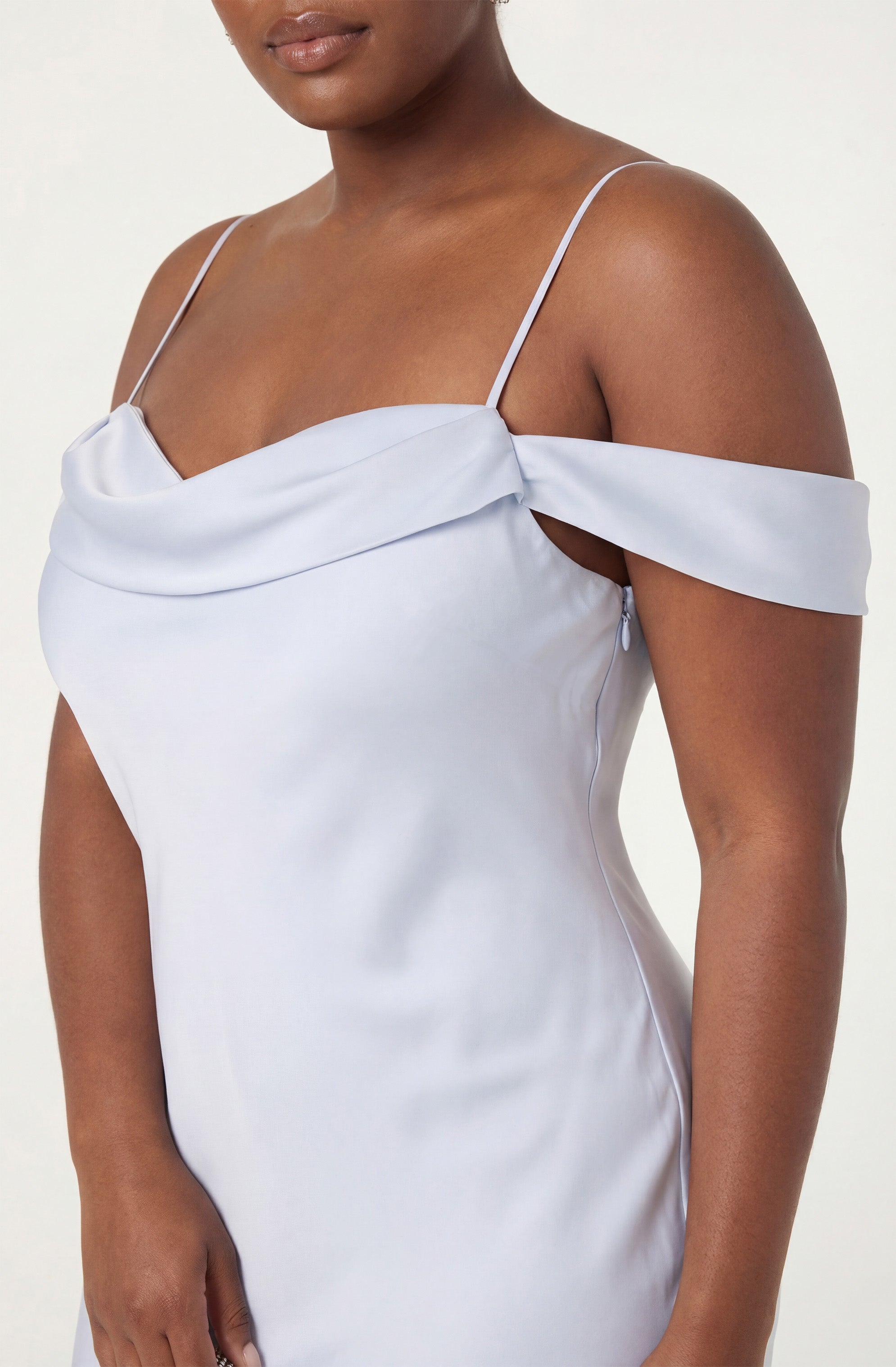 Araxie Satin Off-Shoulder Godet Midi Dress