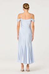 Araxie Satin Off-Shoulder Godet Midi Dress