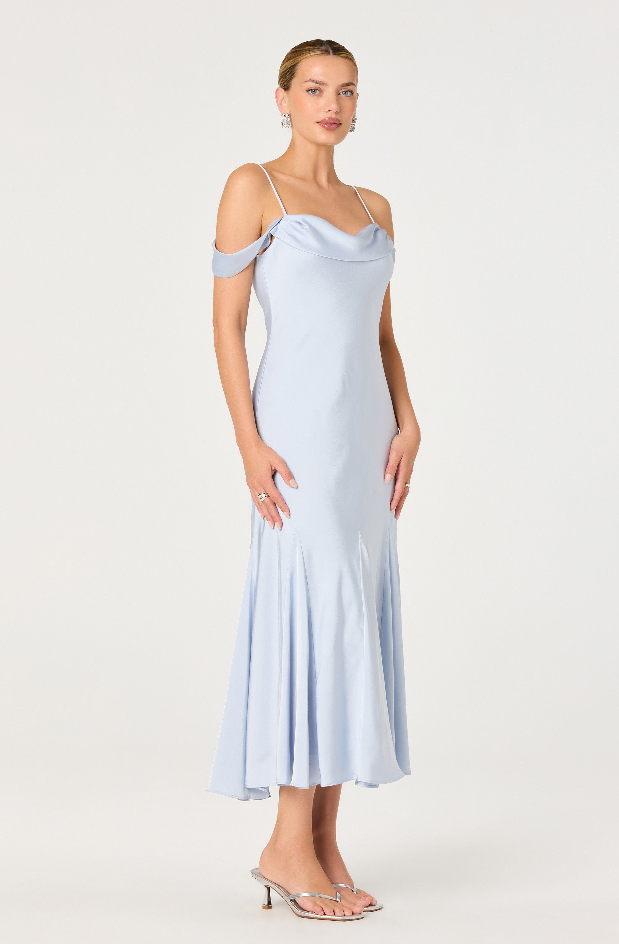 Araxie Satin Off-Shoulder Godet Midi Dress