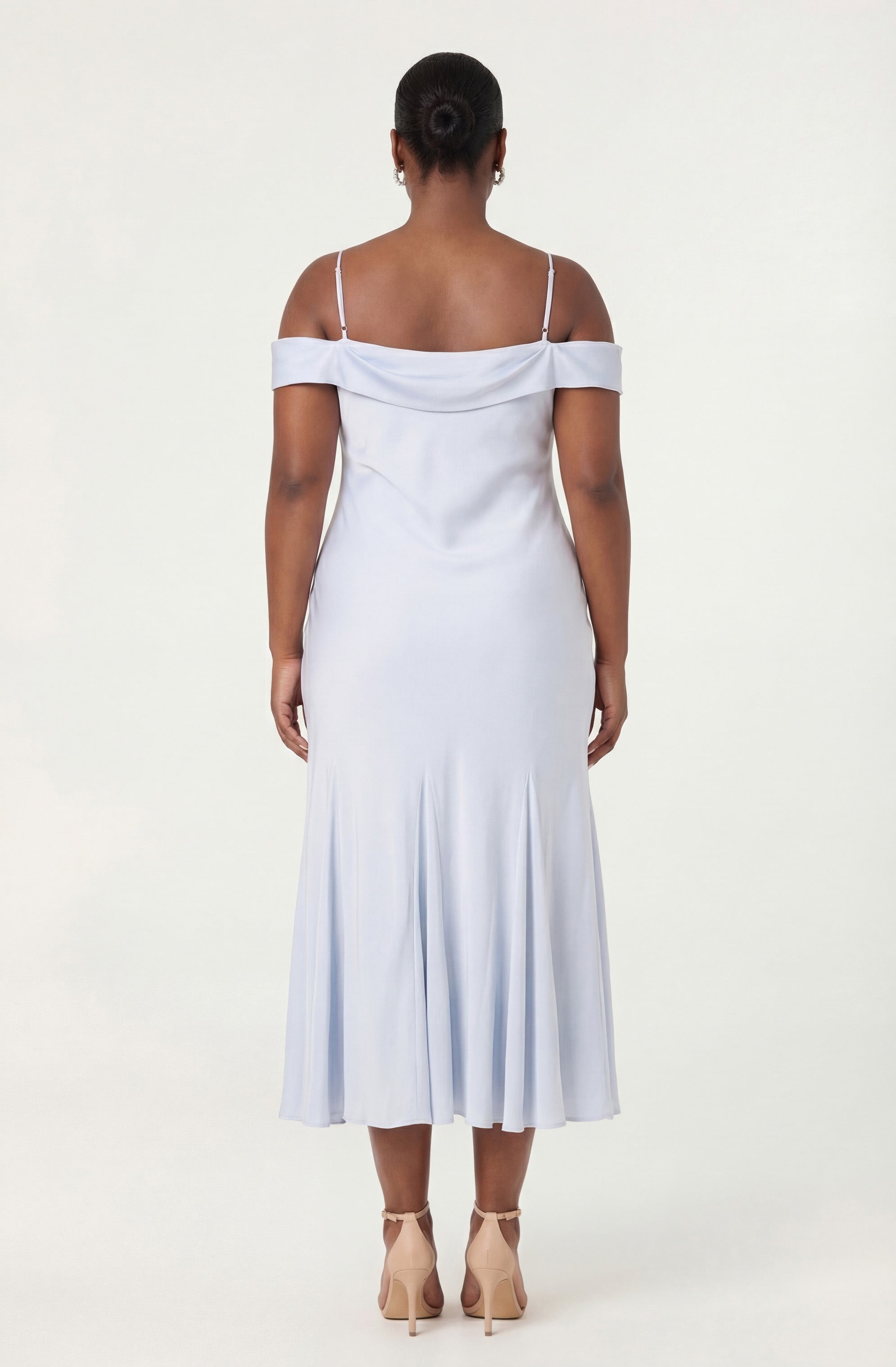 Araxie Satin Off-Shoulder Godet Midi Dress