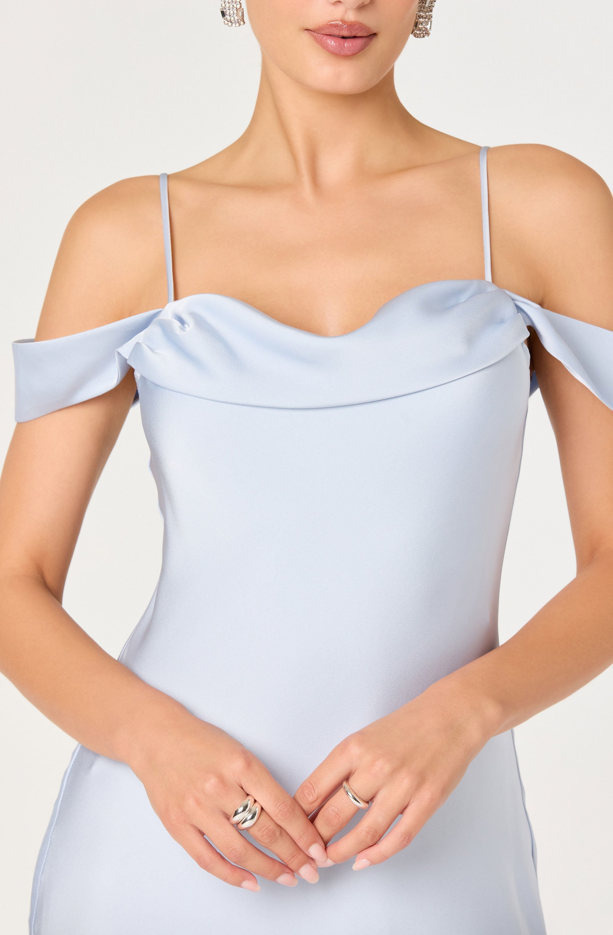 Araxie Satin Off-Shoulder Godet Midi Dress