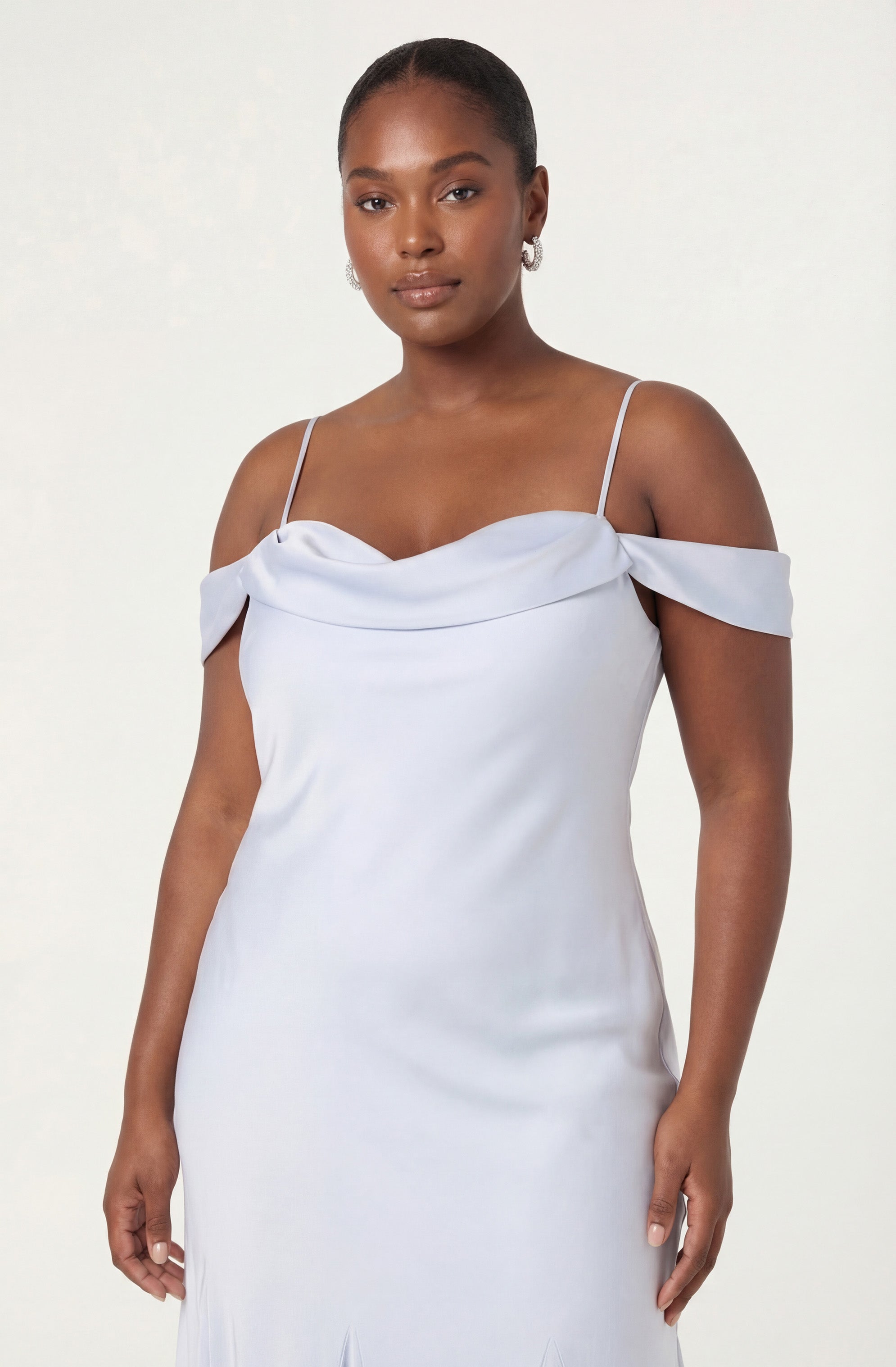 Araxie Satin Off-Shoulder Godet Midi Dress