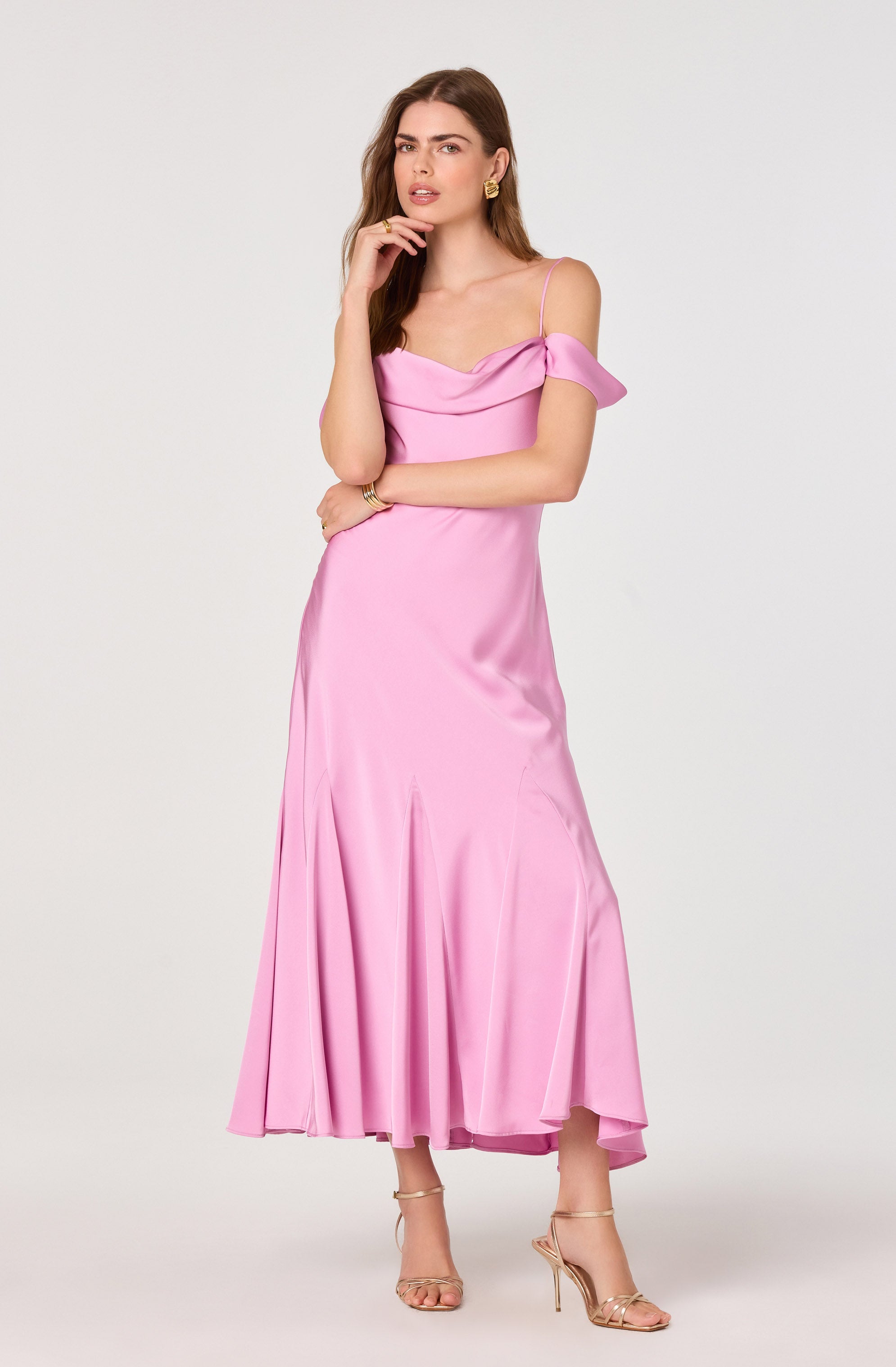 Araxie Satin Off-Shoulder Godet Midi Dress
