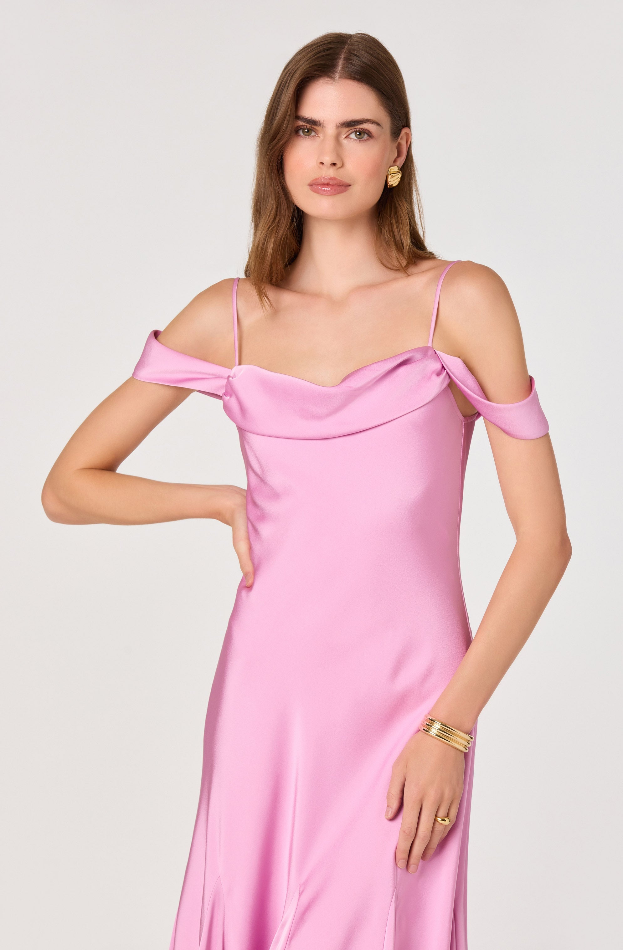 Araxie Satin Off-Shoulder Godet Midi Dress