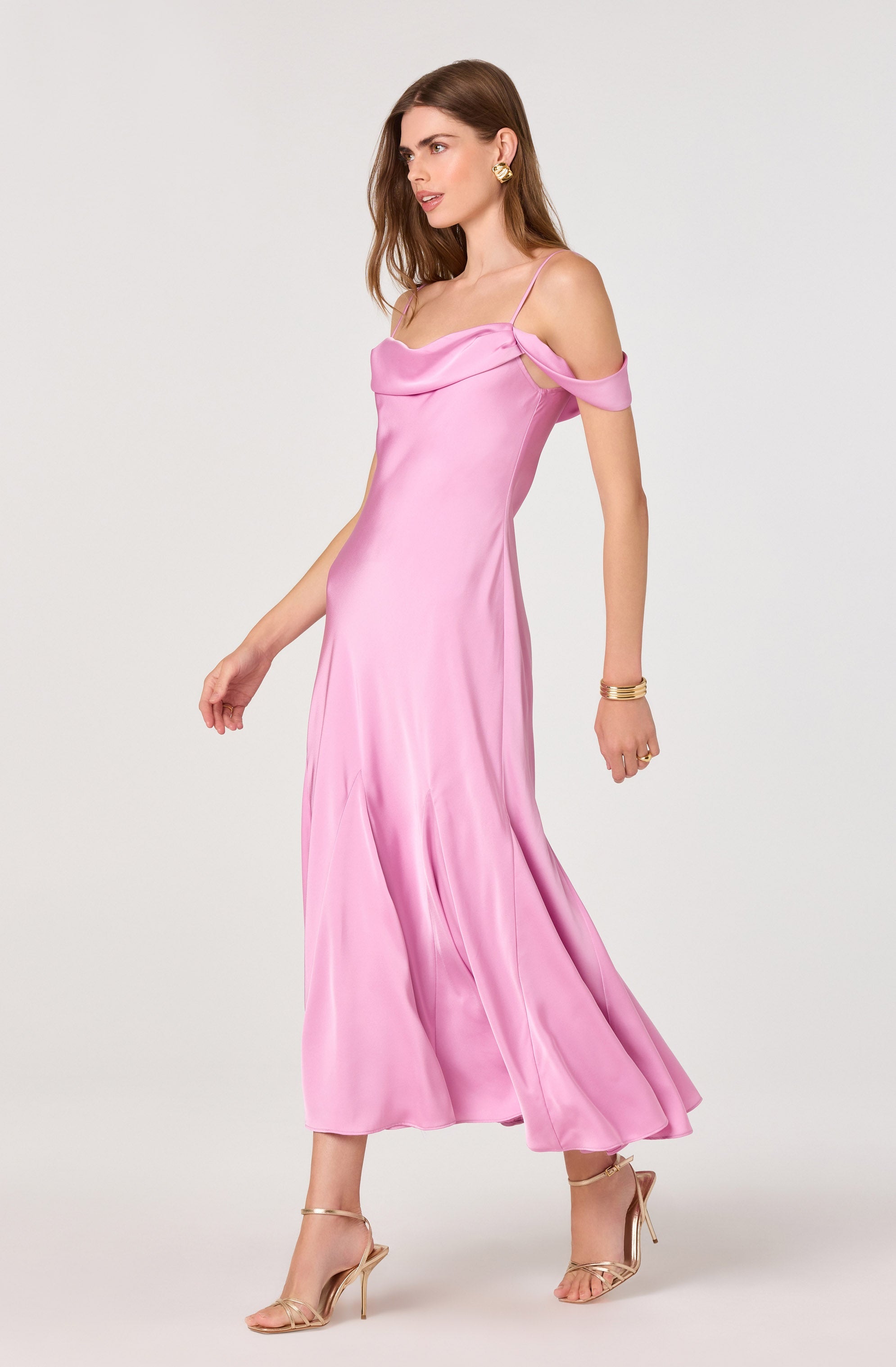 Araxie Satin Off-Shoulder Godet Midi Dress