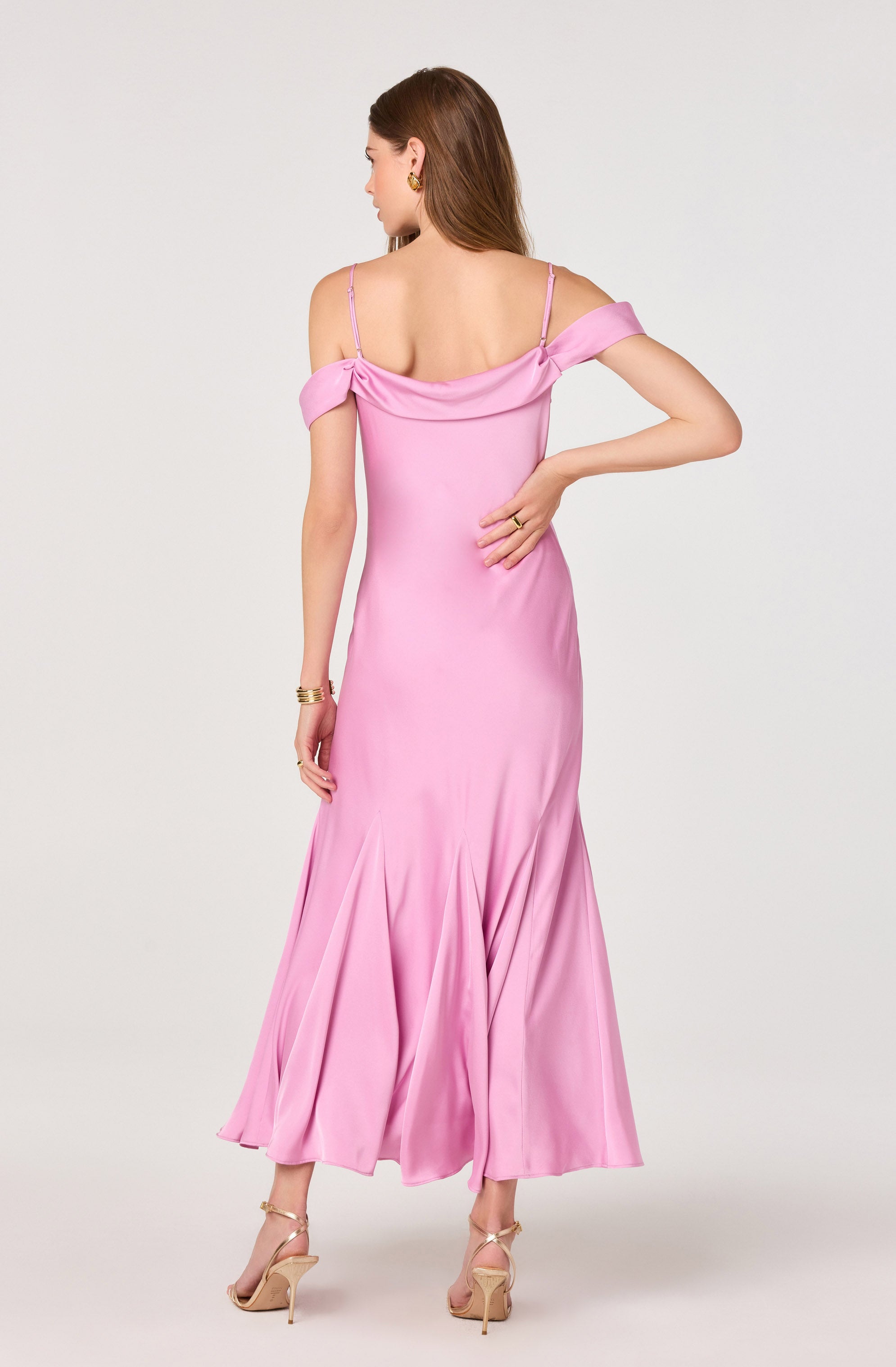 Araxie Satin Off-Shoulder Godet Midi Dress
