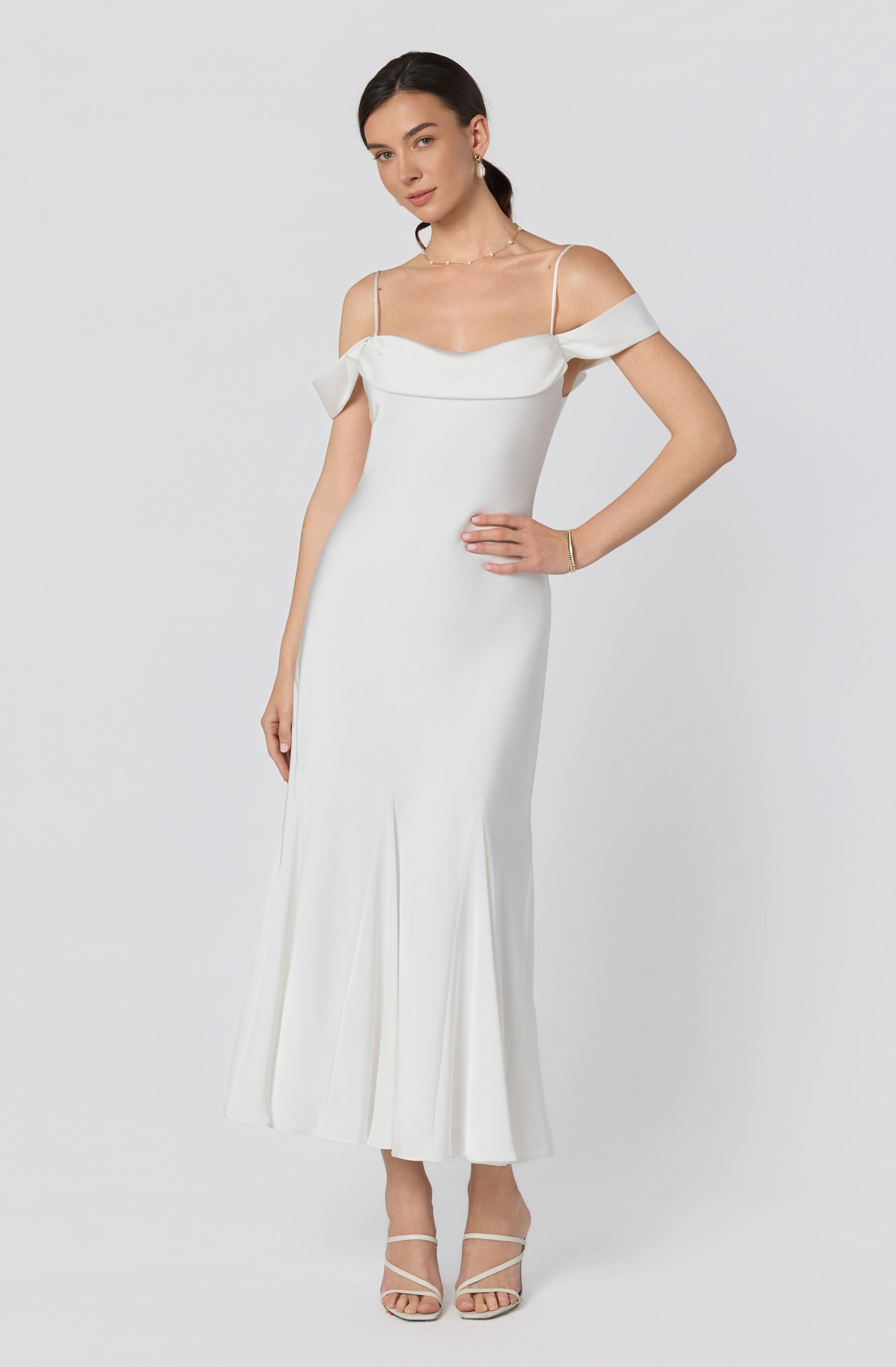 Araxie Satin Off-Shoulder Godet Midi Dress