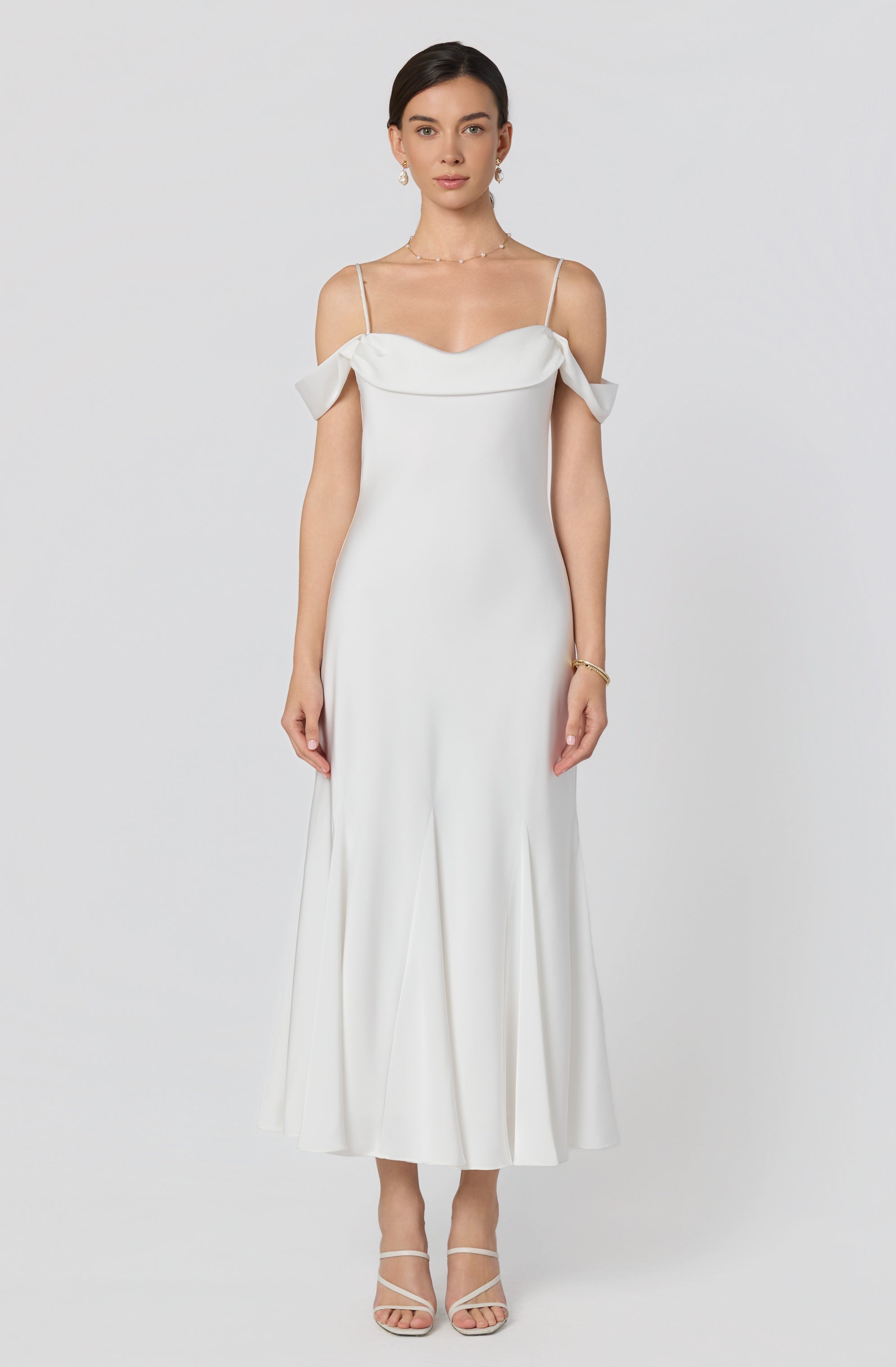 Araxie Satin Off-Shoulder Godet Midi Dress
