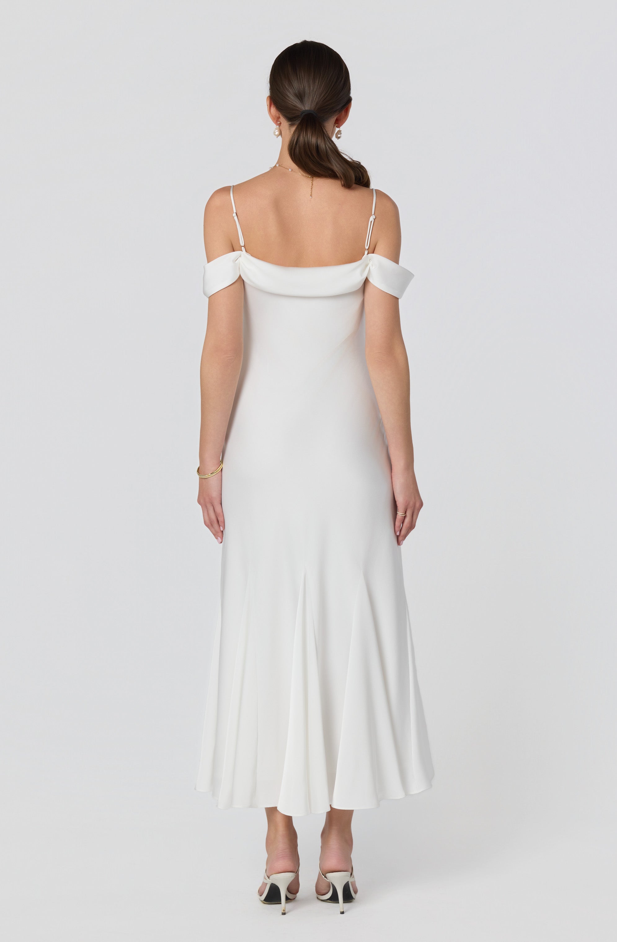 Araxie Satin Off-Shoulder Godet Midi Dress