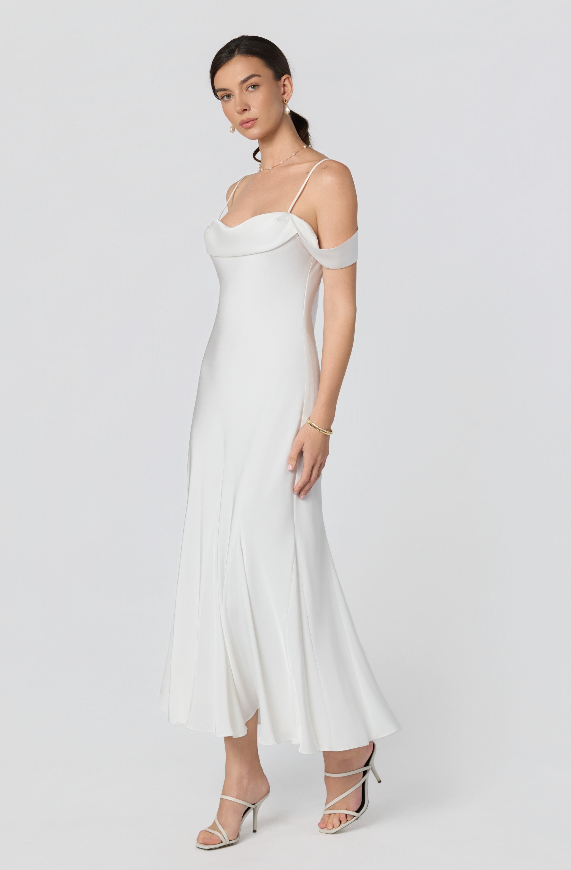 Araxie Satin Off-Shoulder Godet Midi Dress