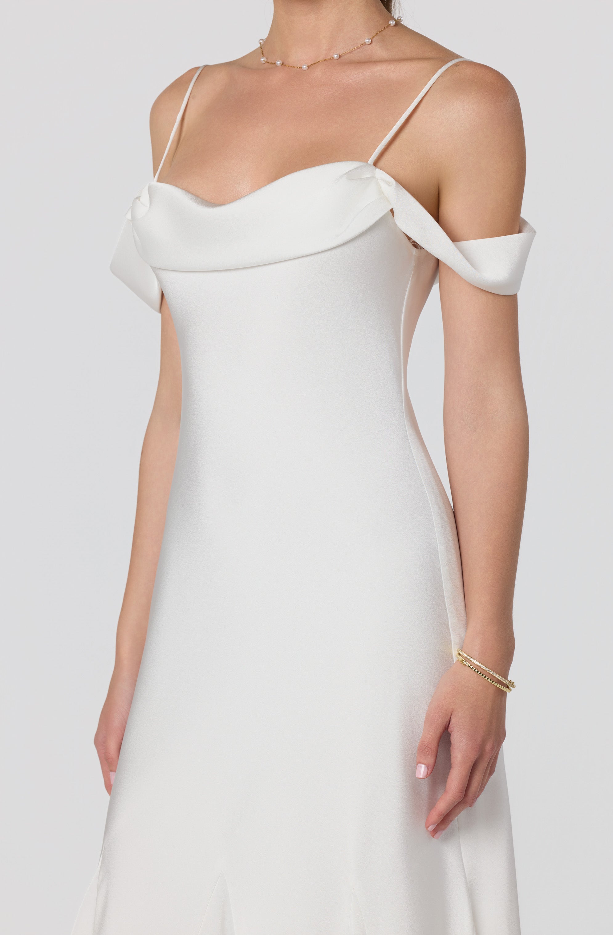 Araxie Satin Off-Shoulder Godet Midi Dress