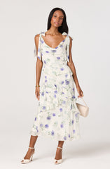 Fen Floral Tie-Strap Ruffle Midi Dress